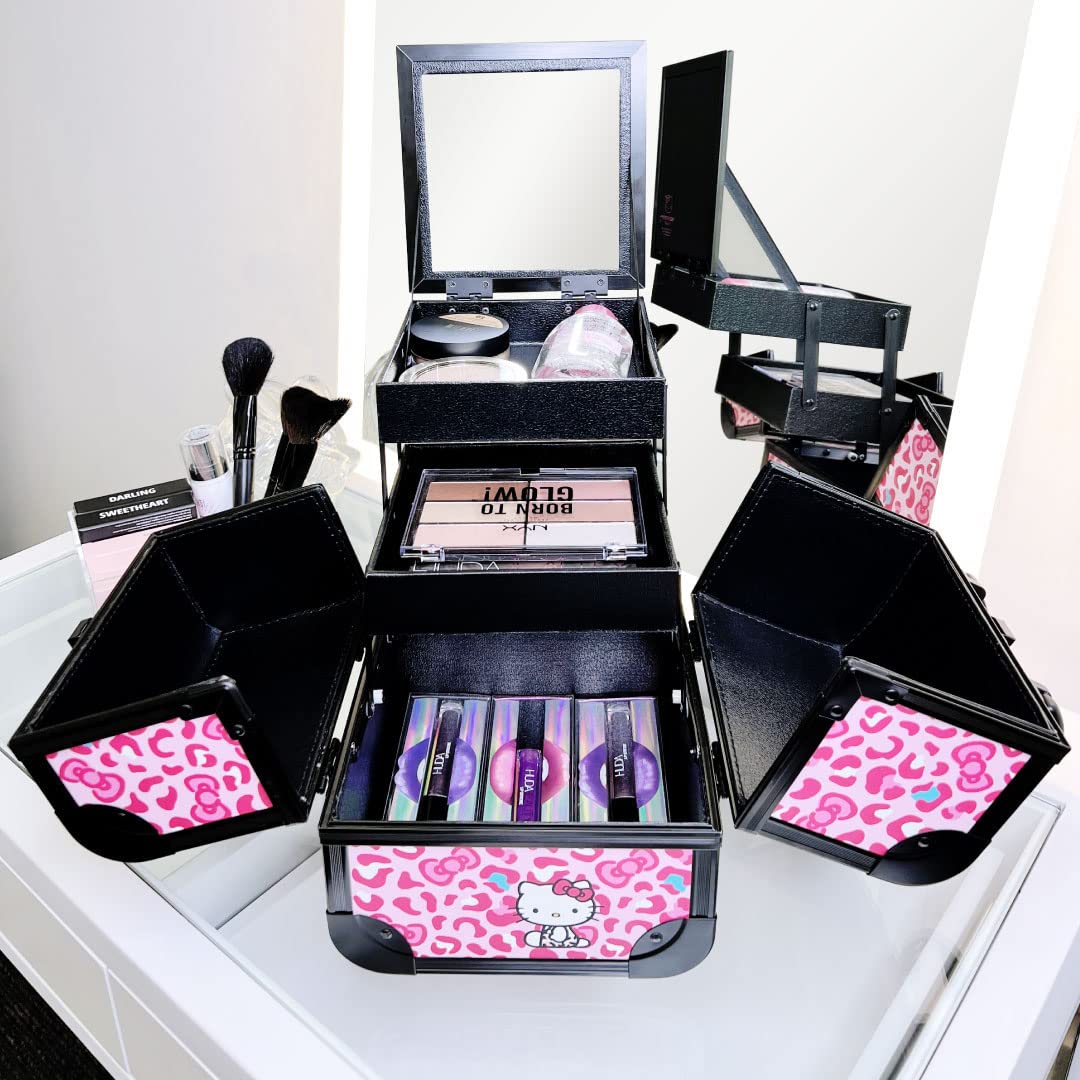 Hello Kitty Makeup Travel Case - SlayCube Portable Makeup Organizer with 2 Extendable Trays, Flip Top Mirror & Durable Outer Shell (Pink Animal Print) - Perfect for Travel, Home Vanity & On-the-Go Touch Ups
