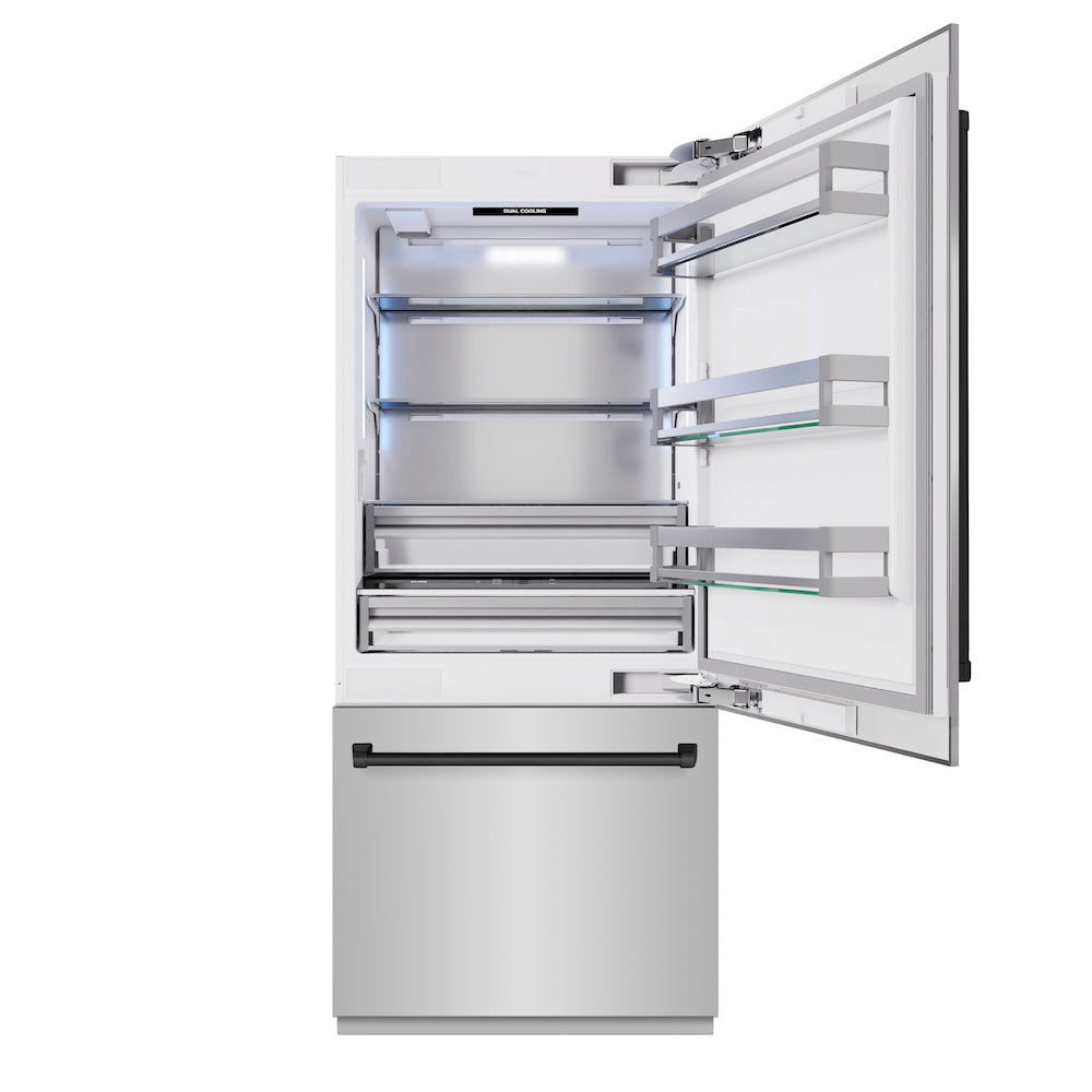 ZLINE Autograph Edition 36 Inch 19.8 Cu Ft Built-In Bottom Freezer Refrigerator with Water Dispenser & Ice Maker - Stainless Steel Matte Black Accents (RBITZ 304 36MB) - Perfect for Modern Kitchens & Open Concept Homes