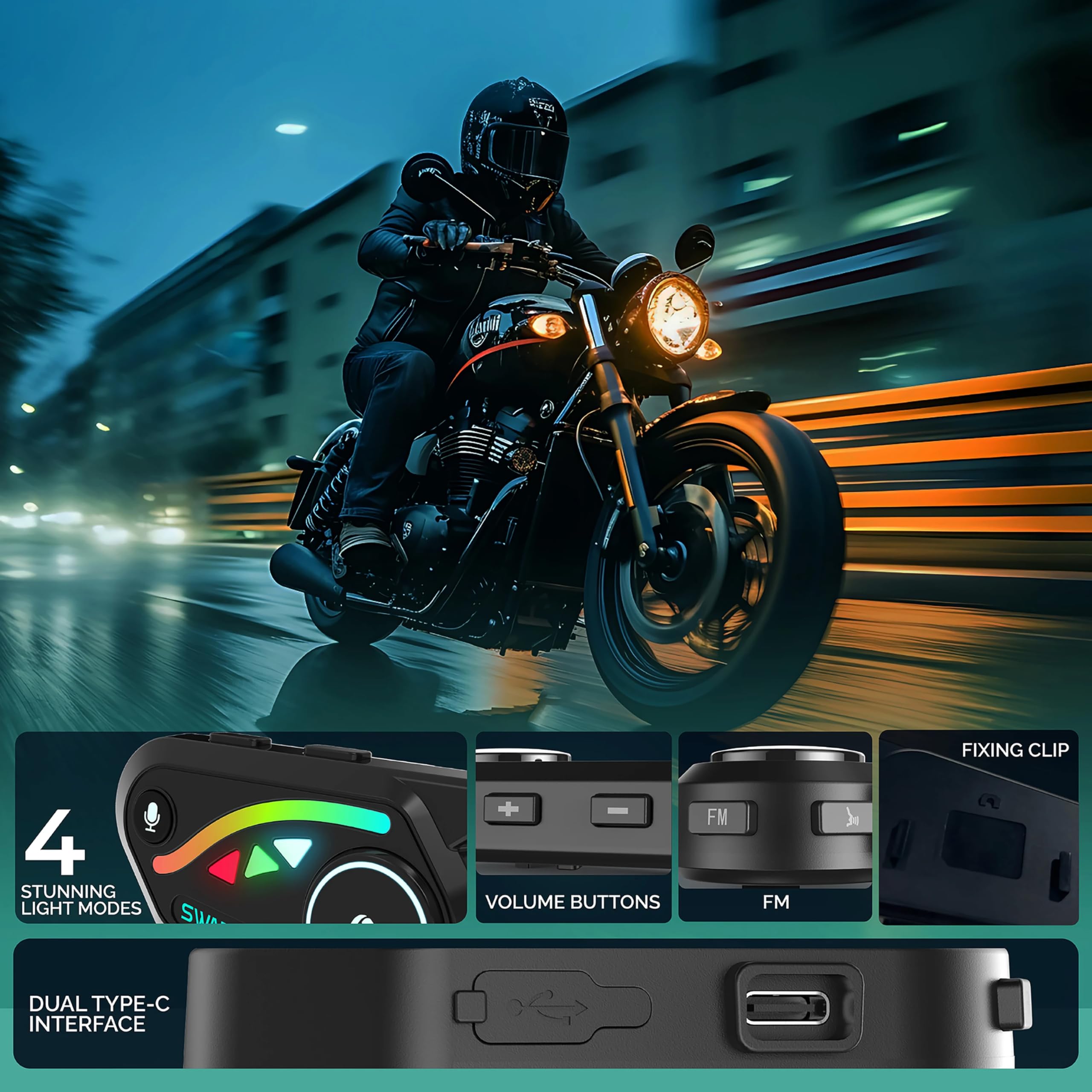 V8 Motorcycle Bluetooth Headset - Dual Pack (2X) with Noise Cancelling DSP&CVC, HiFi Stereo, FM Radio & Music Sharing | 1000M-2000M Helmet Intercom for Motorcycle Riders | Perfect for Group Riding, Touring & Adventure Motorcycling
