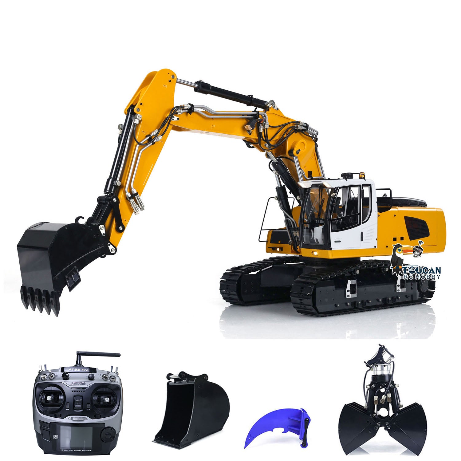 MTMODEL 1:14 Scale Metal RC Hydraulic Excavator Toy - 3 Arms Remote Control Heavy Construction Digger with Tiltable Clamshell Bucket | Realistic Construction Site Play, Gift for Kids & Adults, Collectible Model