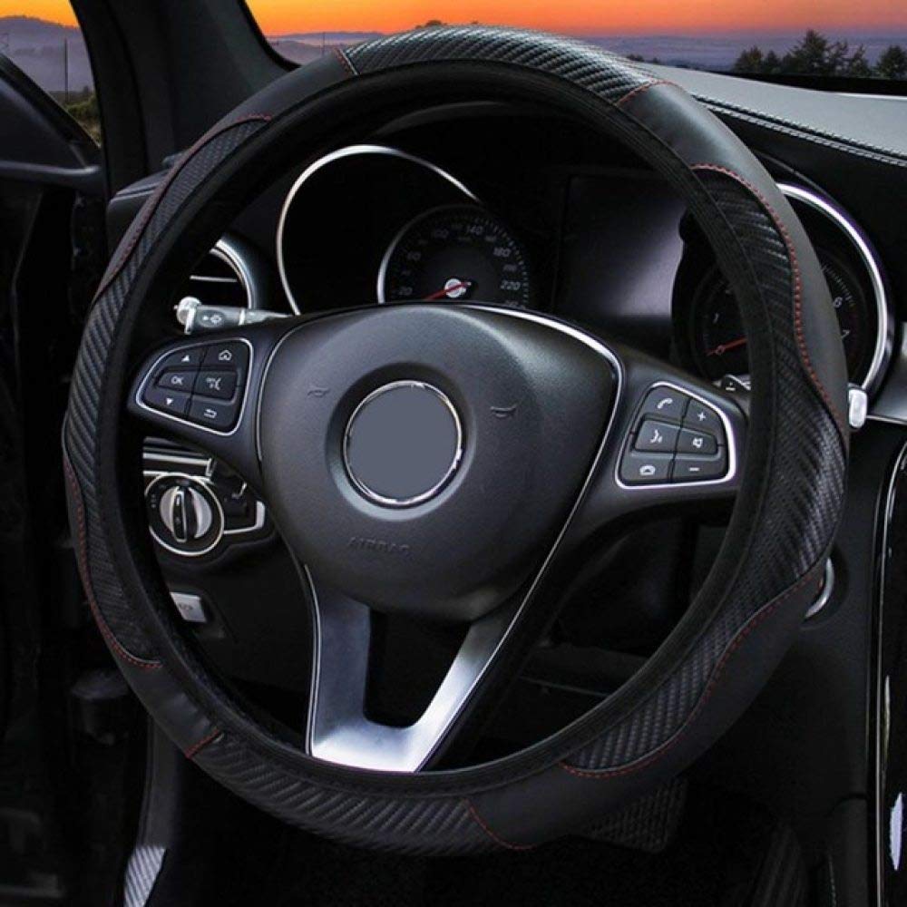 HLINSH Anti-Slip PU Leather Steering Wheel Cover - Carbon Fiber Design, Fits 37-38cm Wheels - Black Car Accessories for Enhanced Grip & Comfort - Perfect for Daily Commuting & Long Road Trips