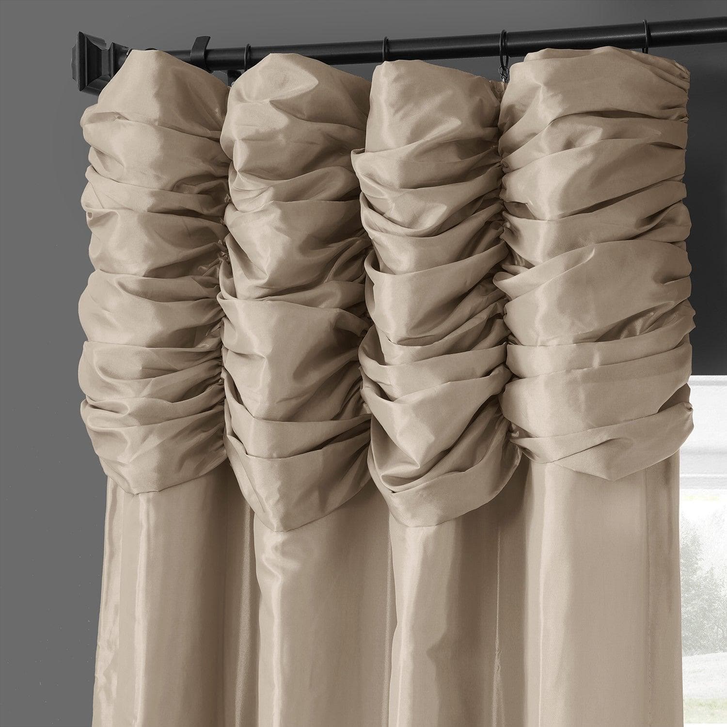 Antique Beige Ruched Faux Silk Taffeta Blackout Curtains for Bedroom & Living Room - Elegant Light Blocking Window Drapes for Home Decor