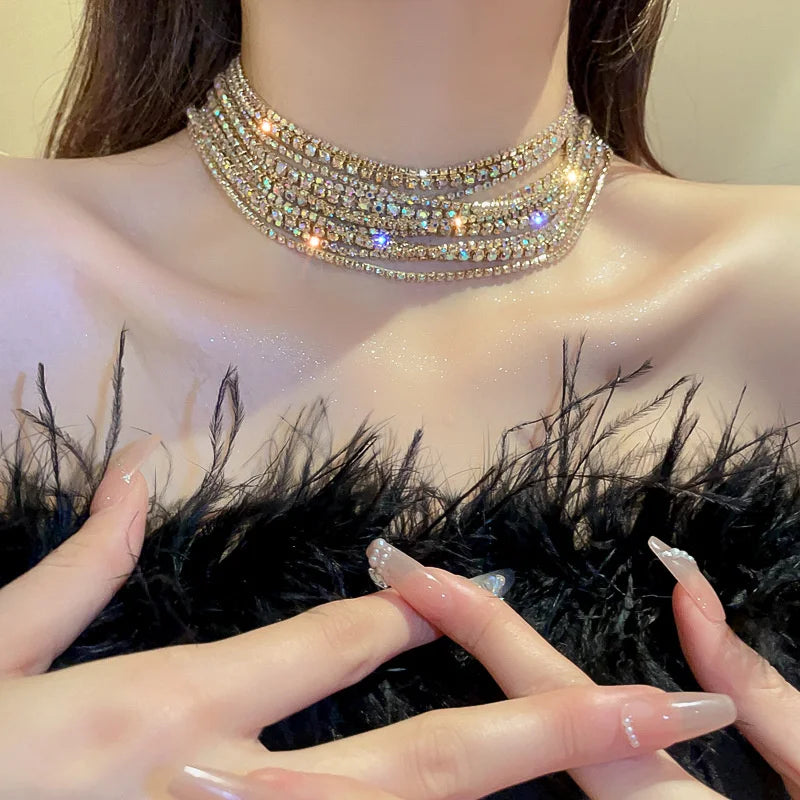 Luxury Multilayer Crystal Choker Necklace for Women - Gold Rhinestone Statement Jewelry - Perfect for Parties, Weddings & Evening Events