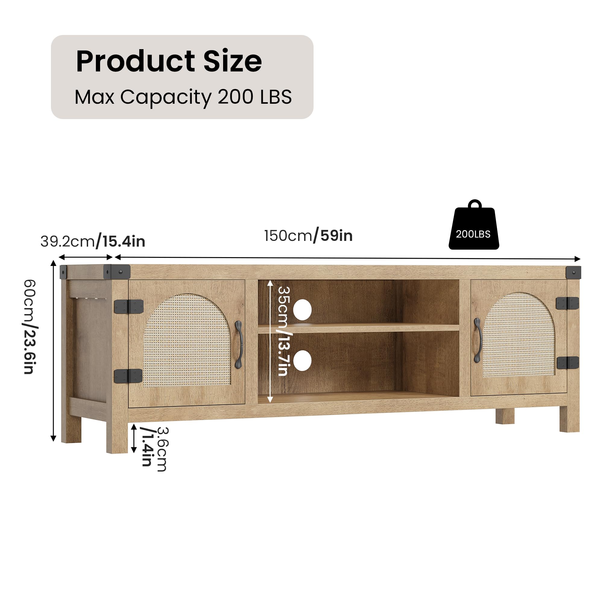 GAOMON Rattan TV Stand for Living Room - Boho Style Entertainment Center with Rattan Doors & Adjustable Shelves, 2-Tier Open Storage Media Console - Perfect for Home Theater, Gaming Setup & Living Room Organization (Natural Finish)