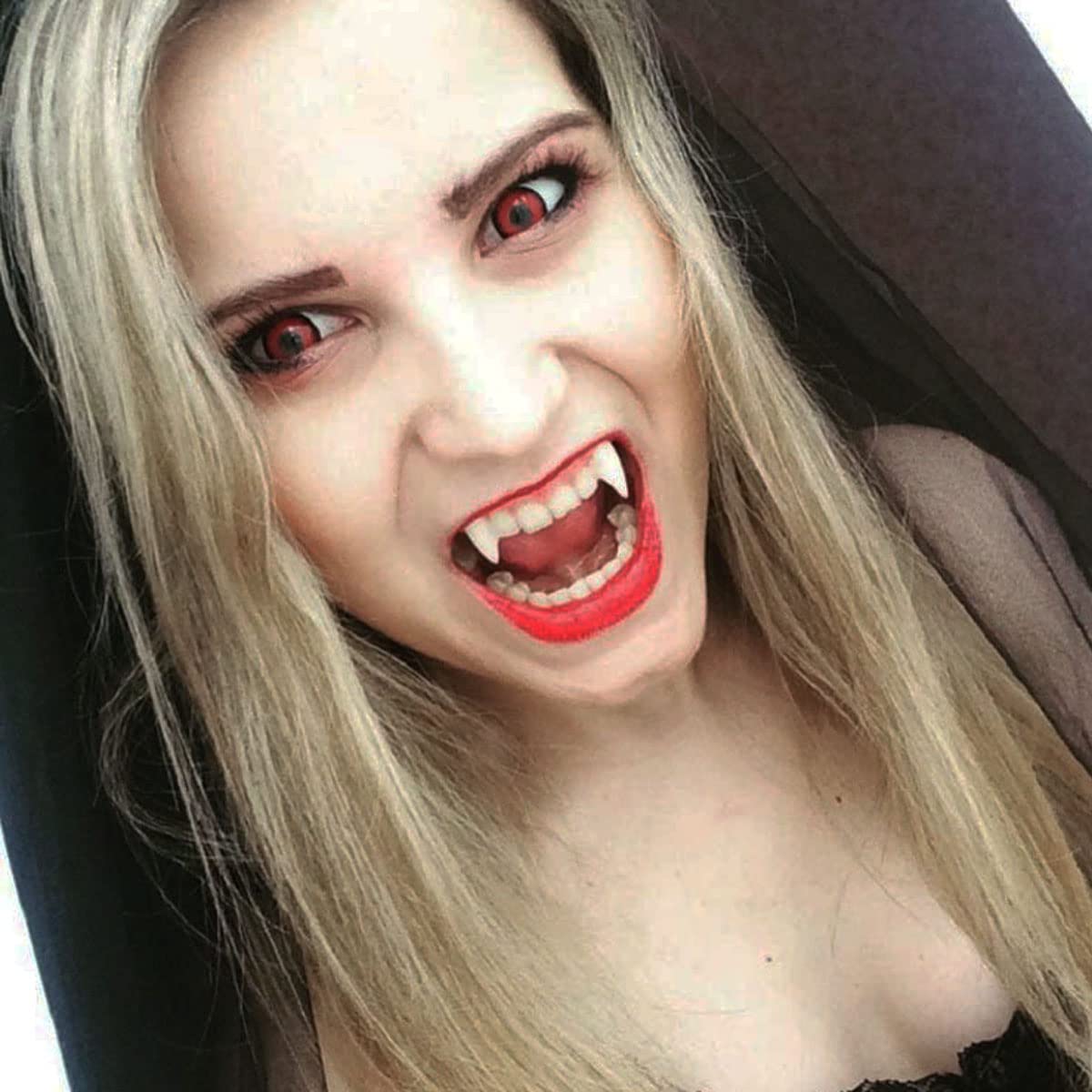 Vampire Fangs with Adhesive - 3 Pairs of Adjustable Fake Teeth in Different Sizes for Halloween Costume, Cosplay & Masquerade Parties - Perfect for Vampire Themed Events, Horror Nights and Halloween Makeup Transformations