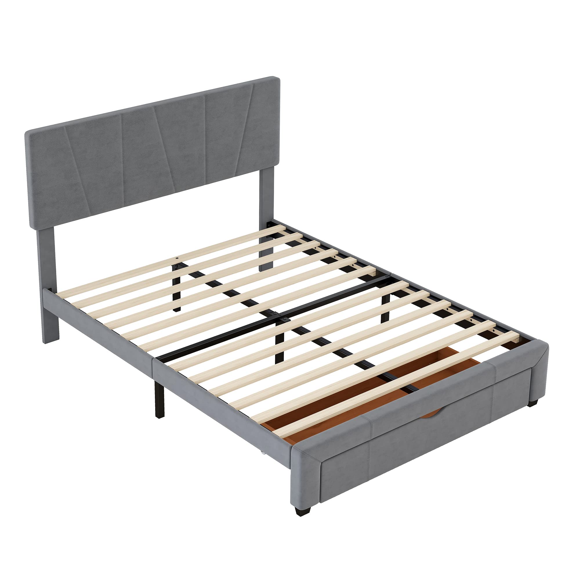 SOFTSEA Full Size Upholstered Platform Bed Frame with Adjustable Headboard & Storage Drawer - Tufted Modern Bedroom Furniture for Small Spaces & Guest Rooms