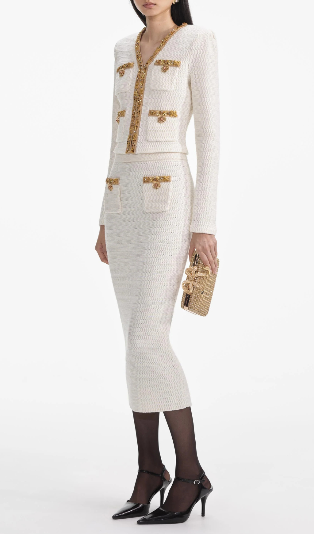 Stylish Cream Lurex Knit Midi Skirt for Women - Elegant Party & Evening Wear - Perfect for Holiday Events, Date Nights & Special Occasions