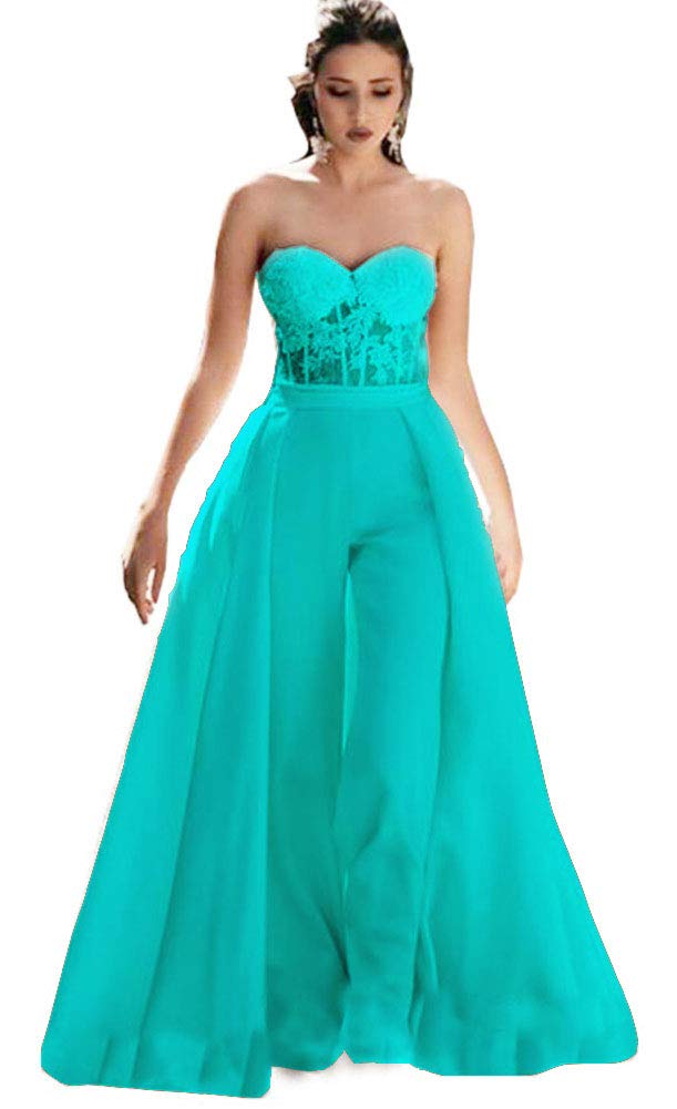 Honeydress Women's Strapless Sweetheart Jumpsuit Prom Dress with Waist Cloak - Turquoise Wedding Guest Outfit for Evening Parties & Special Occasions