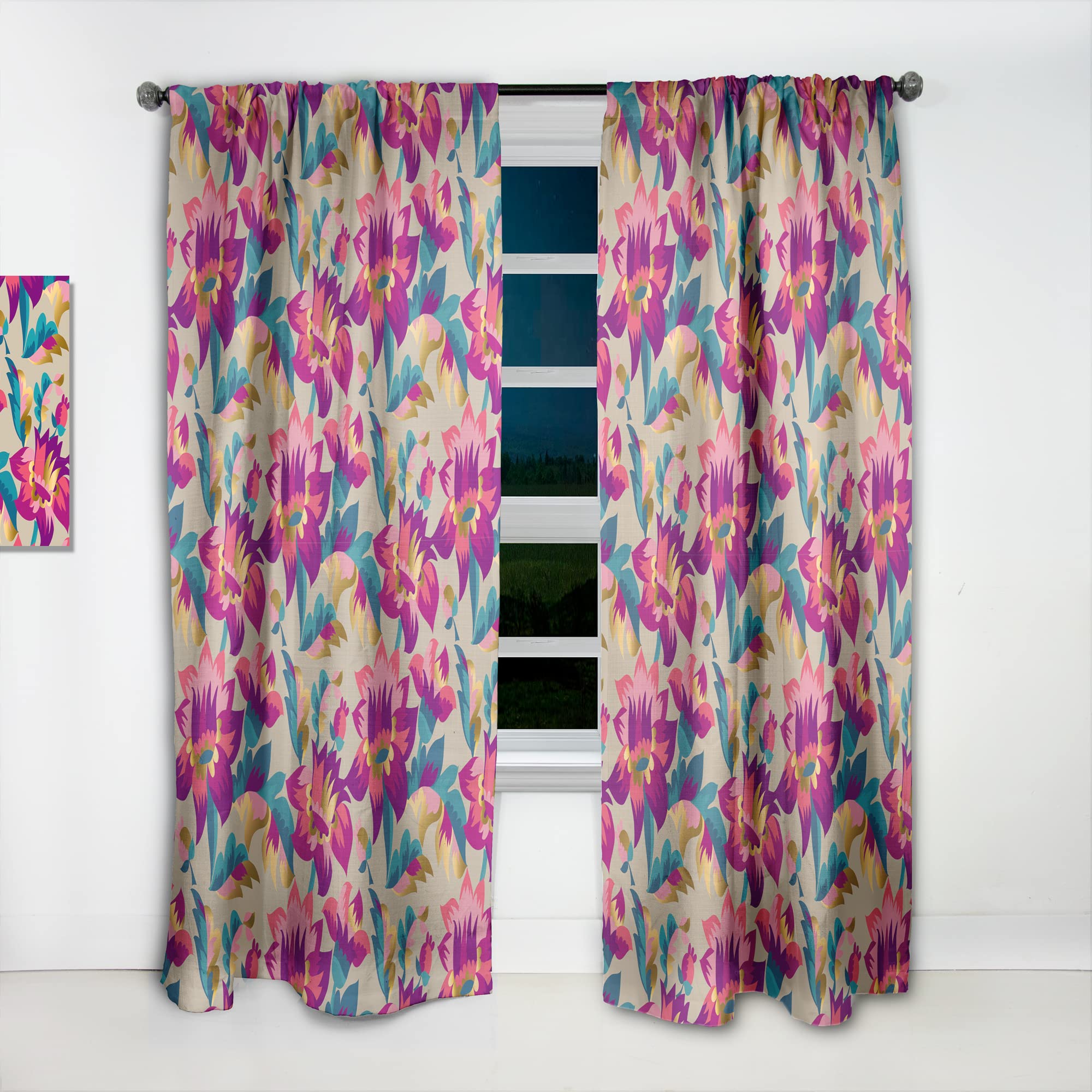Elegant Blossom Hand-Painted Folk Pattern Thermal Insulated Curtains - Single Panel 52x63 Inches - Perfect for Bedroom & Living Room Window Decor