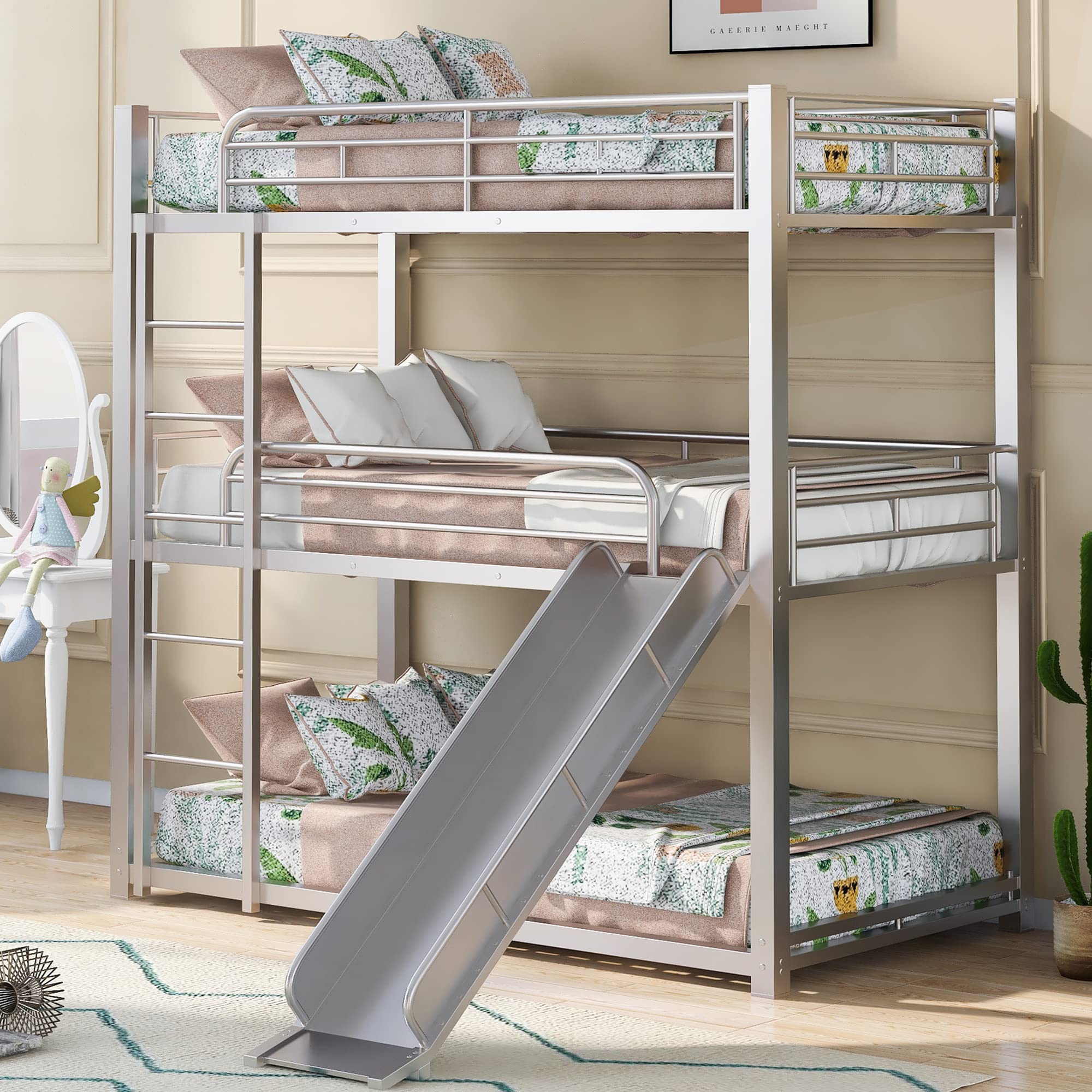 P PURLOVE Twin Over Twin Bunk Bed with Slide - Sturdy Metal Triple Bunk Bed for Kids & Teens, Low Profile Design with Fun Slide & Safety Ladder, Space-Saving Kids Bedroom Furniture for Siblings or Sleepovers