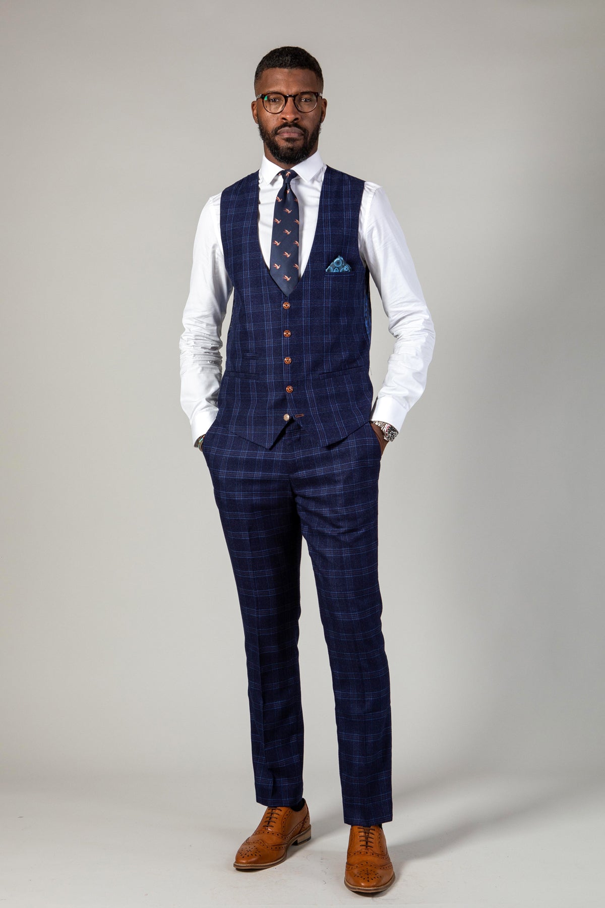 CHIGWELL Blue Tweed Check Three Piece Suit for Men | Classic Formal Business Attire | Perfect for Weddings, Office & Special Occasions