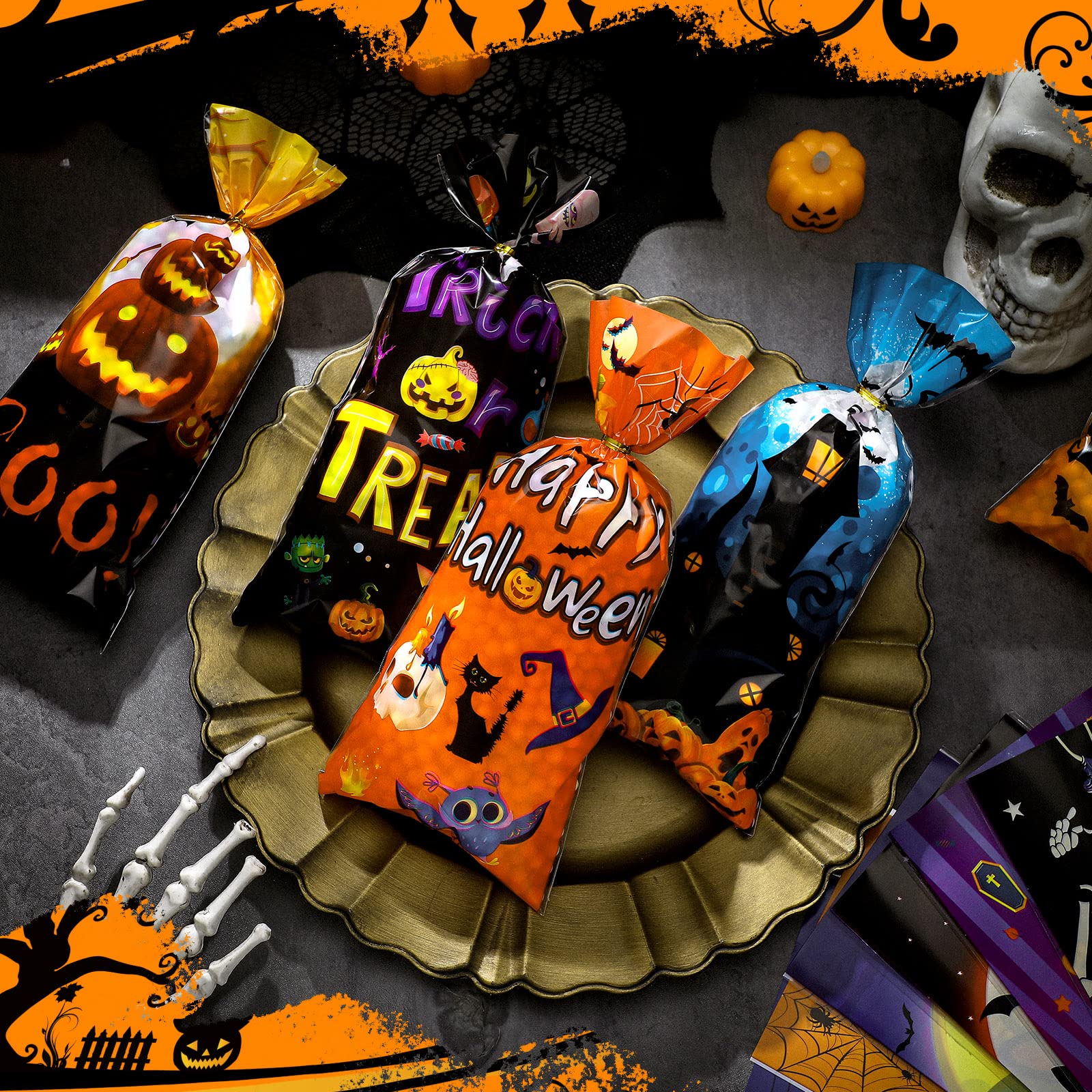 150-Piece Halloween Cellophane Treat Bags with 200 Golden Twist Ties - Small Candy Cookie Goodie Bags for Halloween Party Favors, Trick or Treat, Classroom Treats & Gift Wrapping