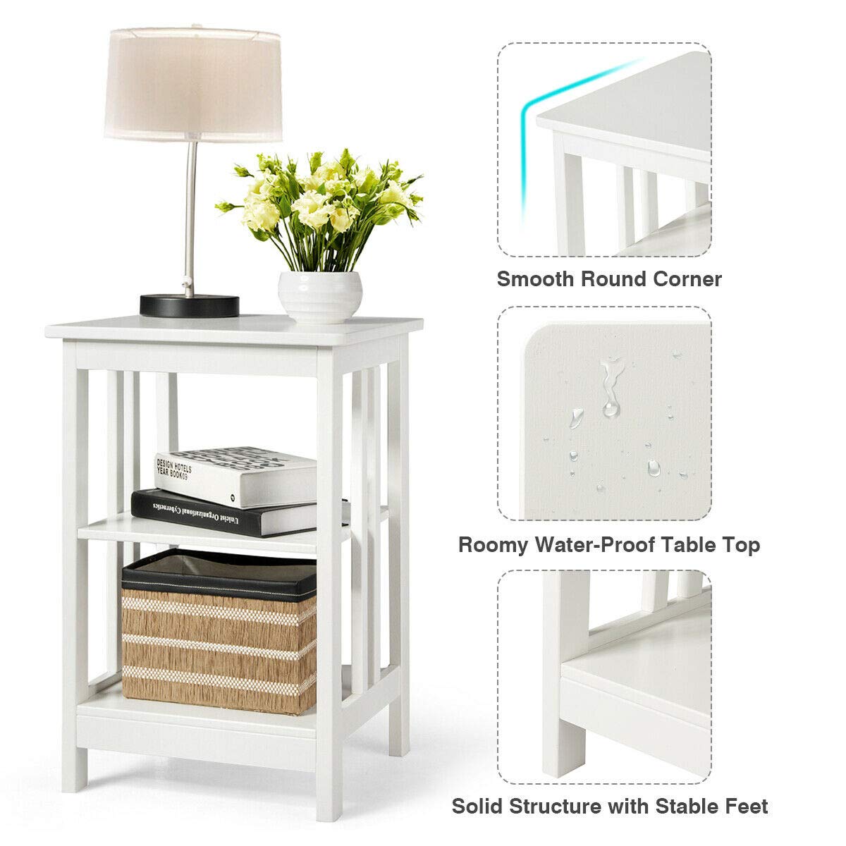 Giantex Nightstand Set of 2 - 3-Tier End Table with Storage Shelves, Sturdy Modern Bedside Table for Bedroom & Living Room - White Wooden Side Table for Small Spaces - Easy Assembly - Perfect for Apartment, Dorm, Guest Room & Home Office