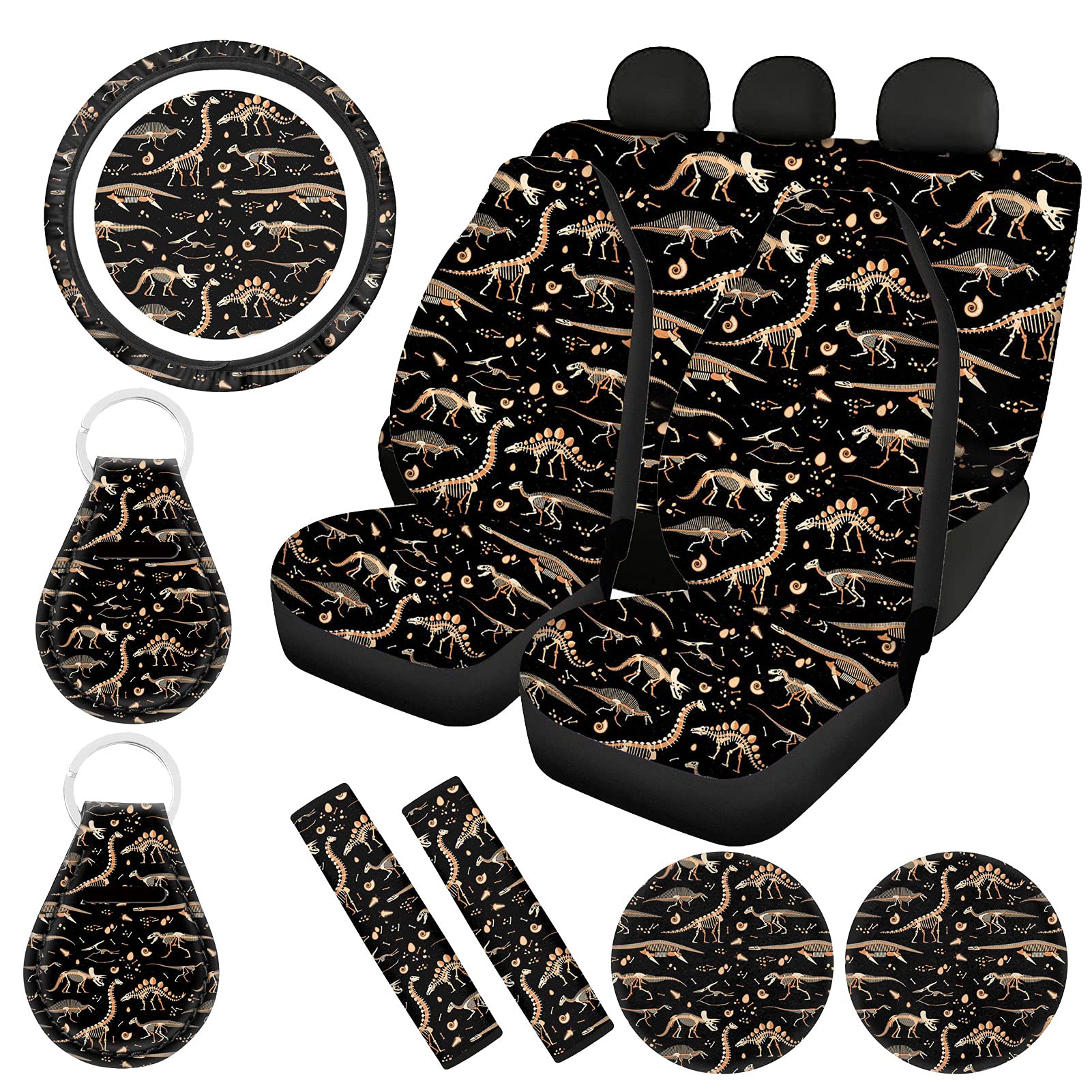 Dinosaur Print Car Seat Covers Full Set - Universal Front & Rear Bench Seat Protectors with Steering Wheel Cover, Seat Belt Covers, Cup Holder Coasters & Keychain | Fun Cartoon Design for Kids & Family Vehicles