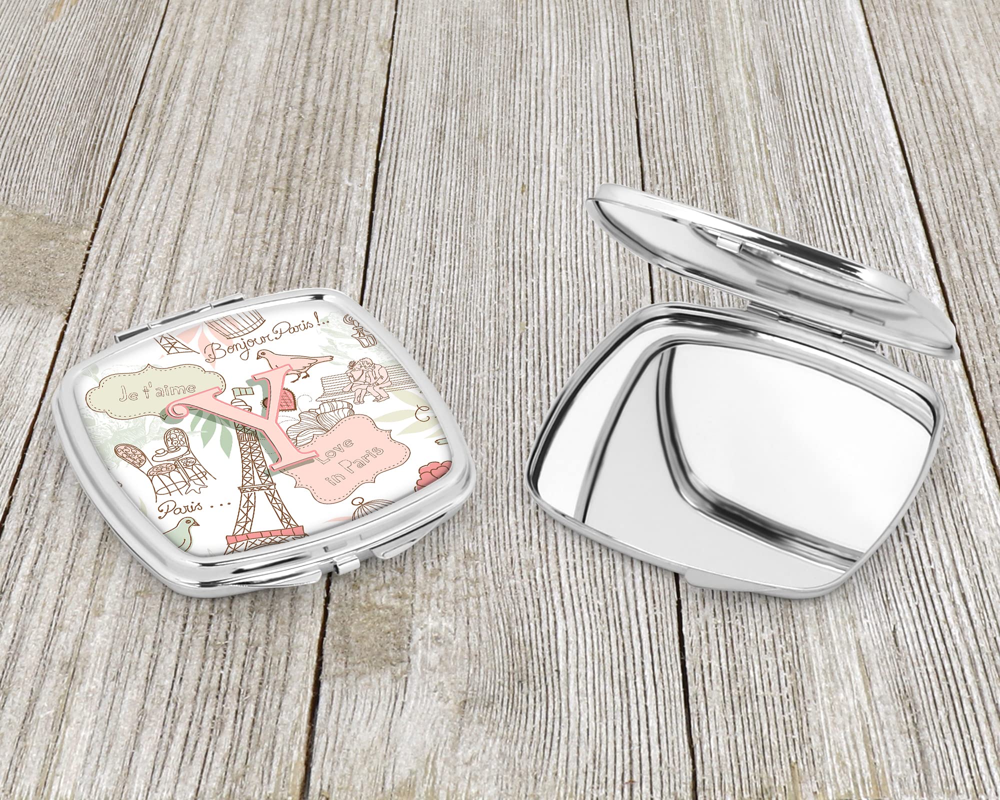 Caroline's Treasures CJ2002-YSCM Paris-Themed Letter Y Compact Mirror - Pink Travel Makeup Mirror for Women & Girls, Perfect Gift Idea | Portable Folding Handheld Mirror for Purse, Vanity & On-the-Go Touchups
