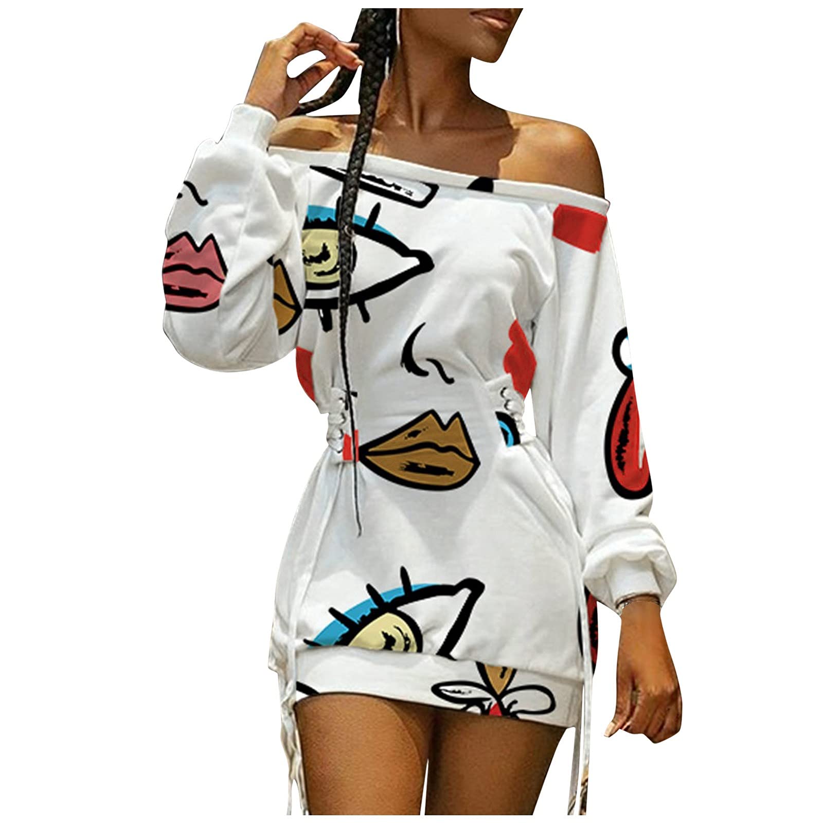 UIKMNH Women's Off Shoulder Long Sleeve Mini Dress - Cartoon Print Adjustable Casual Straight Dress for Spring & Fall | Perfect for Date Night, Party & Everyday Wear