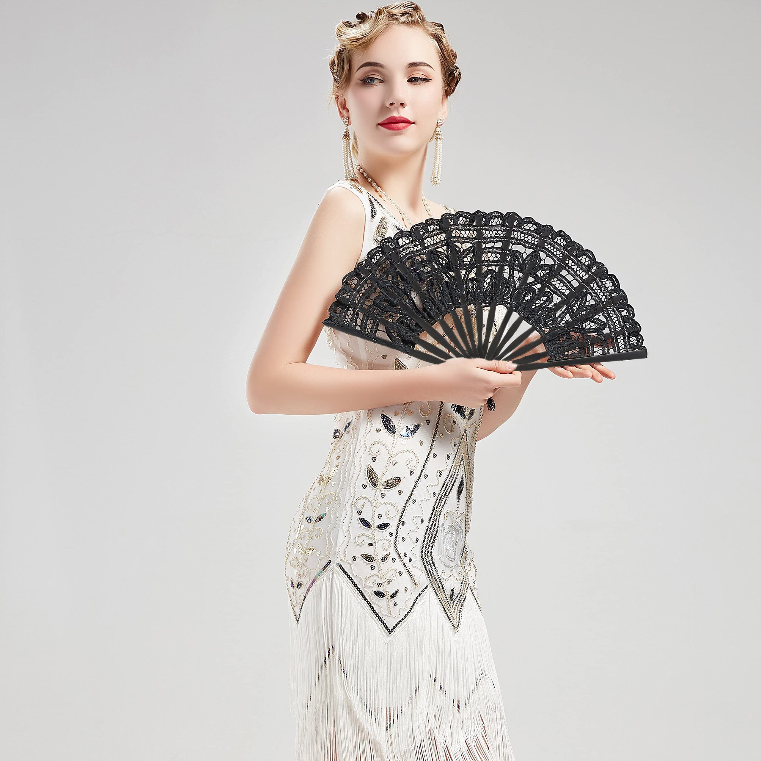 BABEYOND Cotton Lace Folding Hand Fan - Elegant Embroidered Wedding Hand Fan with Bamboo Staves | Perfect for Bridal Accessories, Wedding Decorations & Dance Parties (Black)