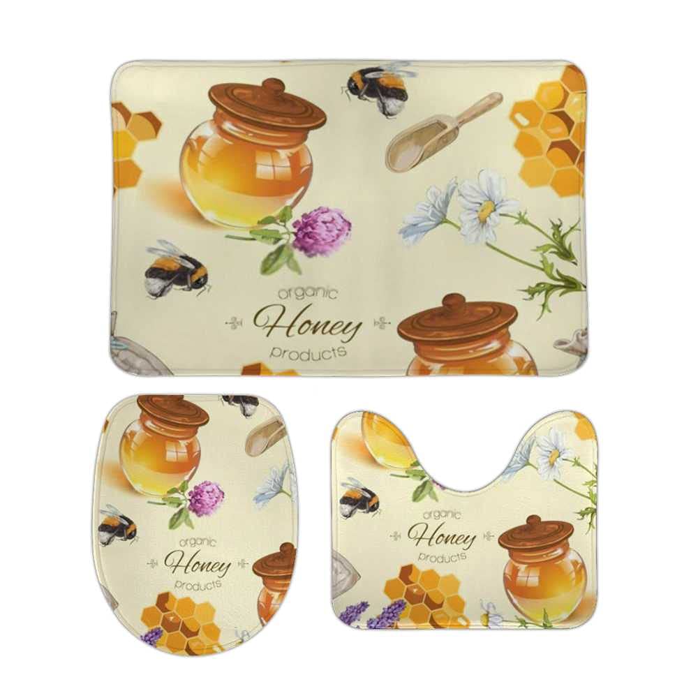 Hapuxt 3-Piece Bath Rug Set - Honey Wild Flowers Bee Design, Anti-Slip Absorbent Bathroom Mats with Toilet Lid Cover & U-Shaped Contour Rug, Machine Washable - Perfect for Bathroom Decor and Comfort