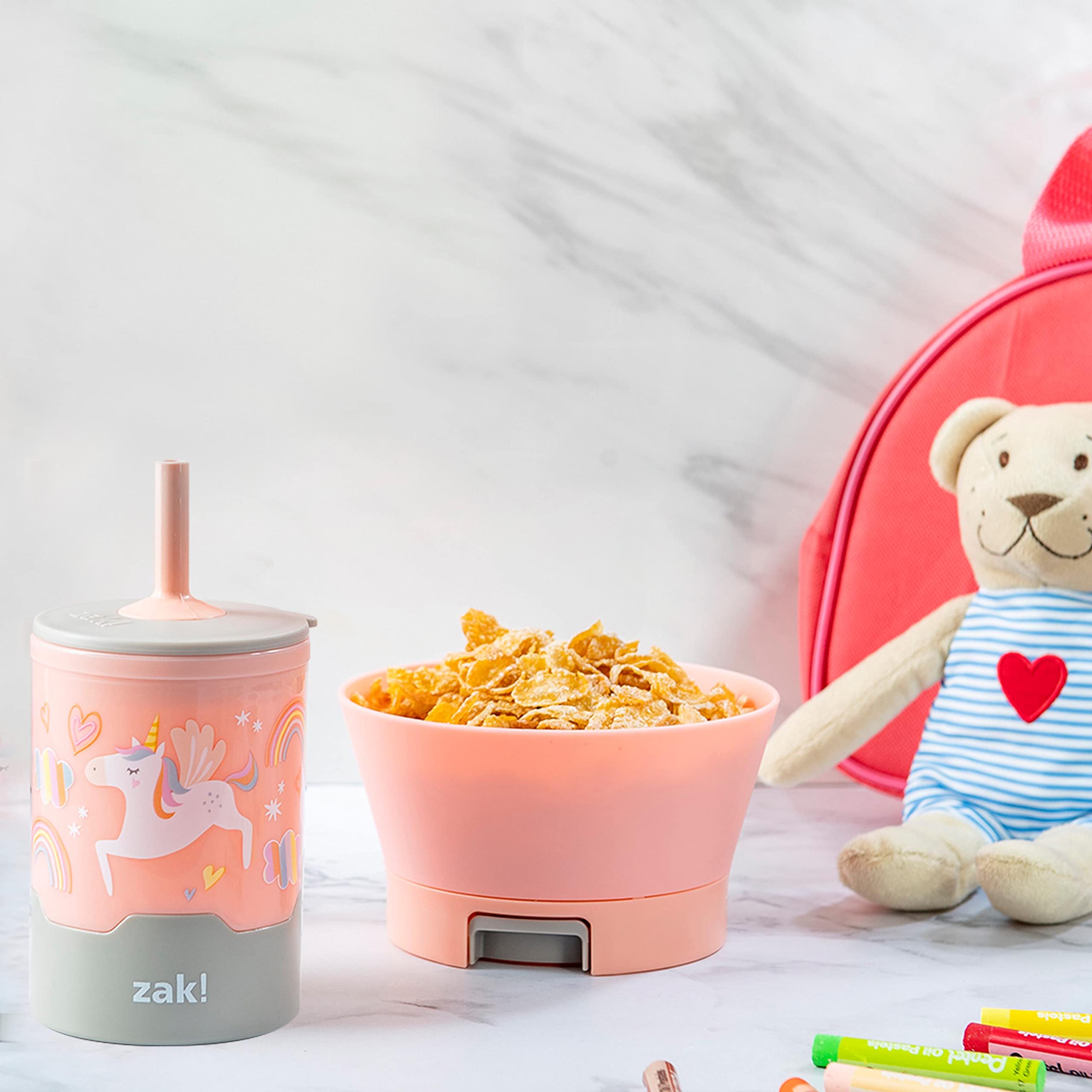 Zak Designs Mighty Mug Kids Dinnerware Set - Spill-Proof Plastic Cup & Tip-Proof Bowl, BPA-Free & Durable (10oz, 2-Piece, Unicorn) - Perfect for Toddlers Mealtime, Daycare or Travel