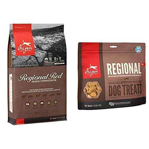 Orijen High Protein Dry Dog Food - Grain Free, Poultry Free, All Breeds, 25lb Bag with Free Treats | Made with Fresh & Raw Animal Ingredients | Perfect for Active Dogs & Training Rewards