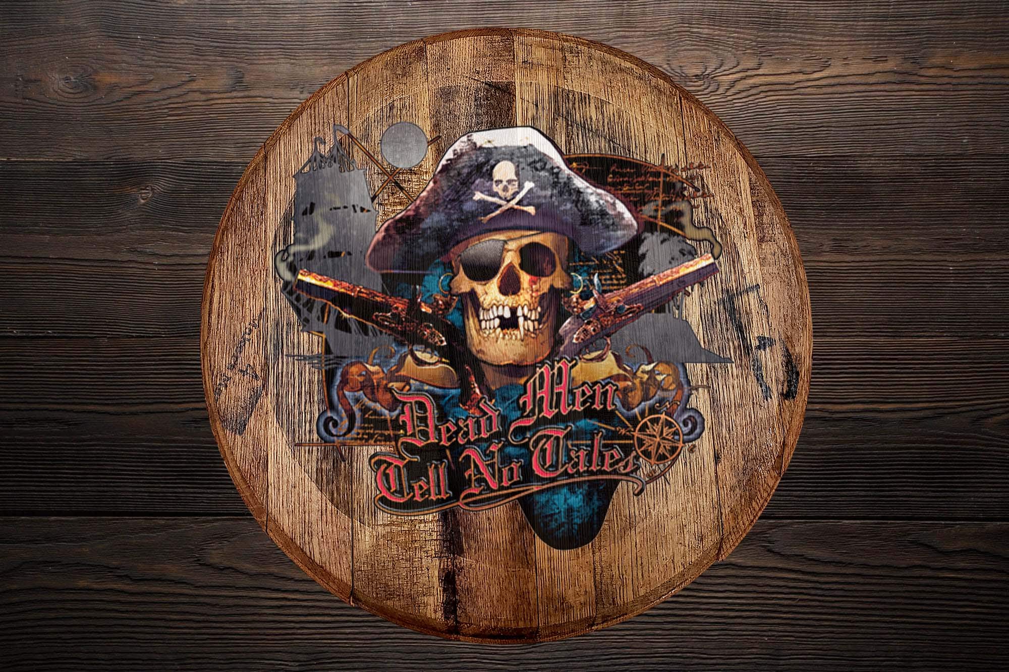 Oak Whiskey Barrel Head Wall Decor - Pirate Themed 'Dead Men Tell No Tales' Eye Patch Nautical Sign - Rustic Bar & Man Cave Accessories for Home, Pub, or Tavern Decor
