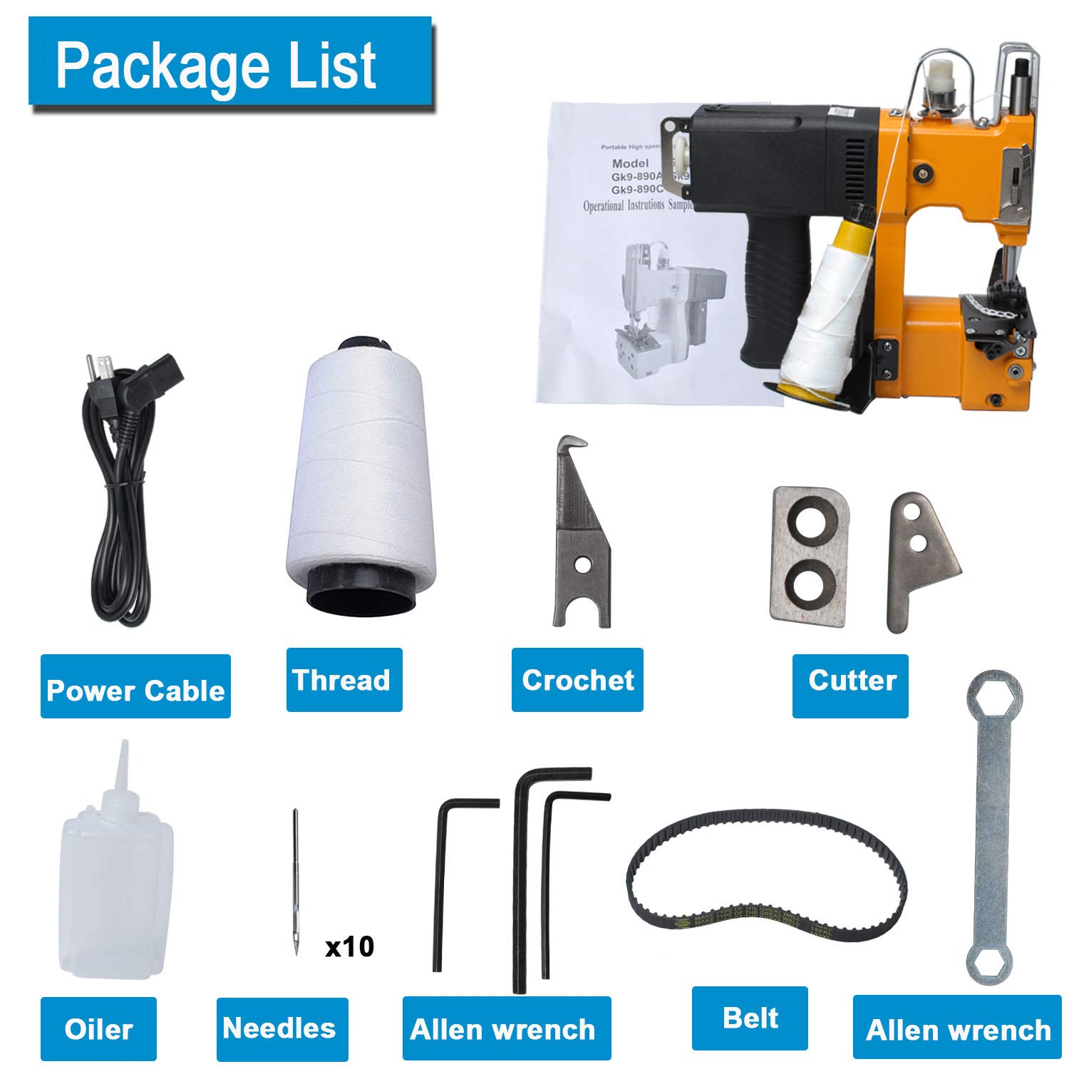 GK9-890 Industrial Bag Closer Machine | 110V Electric Bag Sealing & Stitching Machine | 190W High-Speed Handheld for Woven/Snakeskin/Paper Bags | Perfect for Packaging, Shipping & Retail Operations