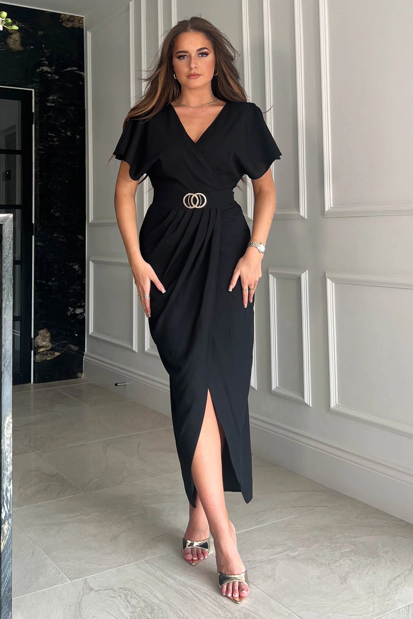 Aurora Buckle Detail Maxi Dress for Women - Elegant Black Long Dress with Adjustable Straps | Perfect for Weddings, Parties & Evening Events