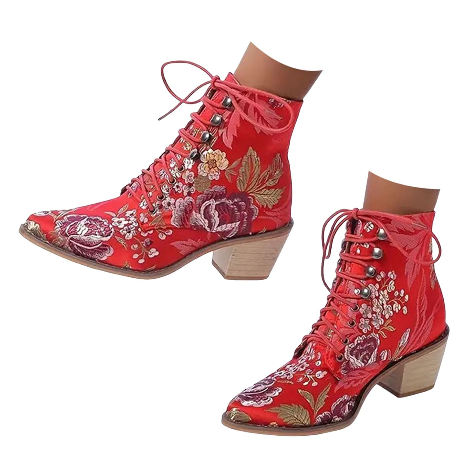 Fashionable Women's Cowboy Boots - Embroidered Western Ankle Boots with Lace-Up & Chunky Low Heel | Perfect for Casual Wear, Country Dancing & Western-Themed Events