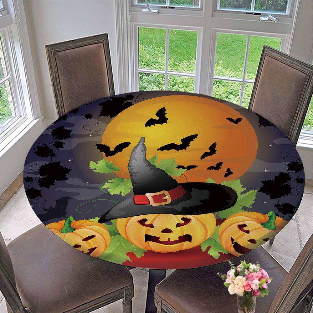Elastic Edged Round Table Cover - Waterproof Halloween Tablecloth with Pumpkin Design (Fits 35