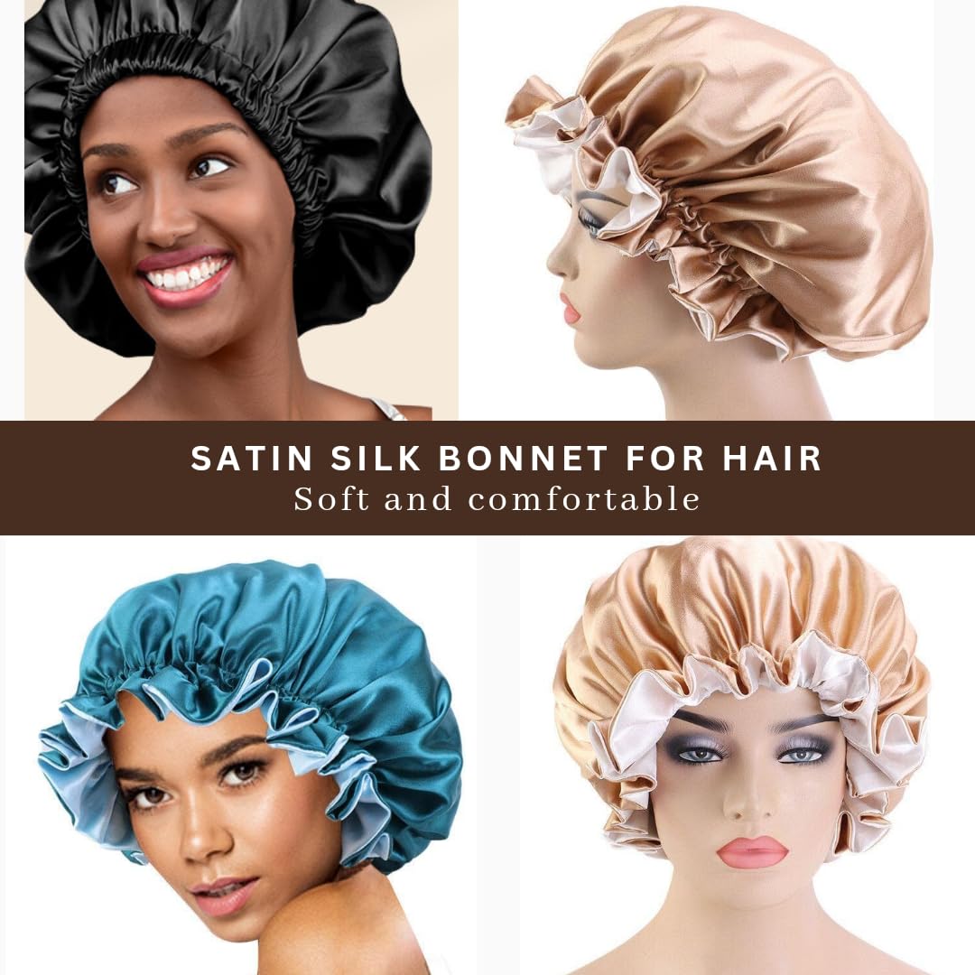 Attune Satin Silk Bonnet for Curly Hair & Sleeping - Adjustable Reversible Hair Cap with 4 Matching Scrunchies | Blue Satin Hair Wrap for Nighttime Protection & Styling