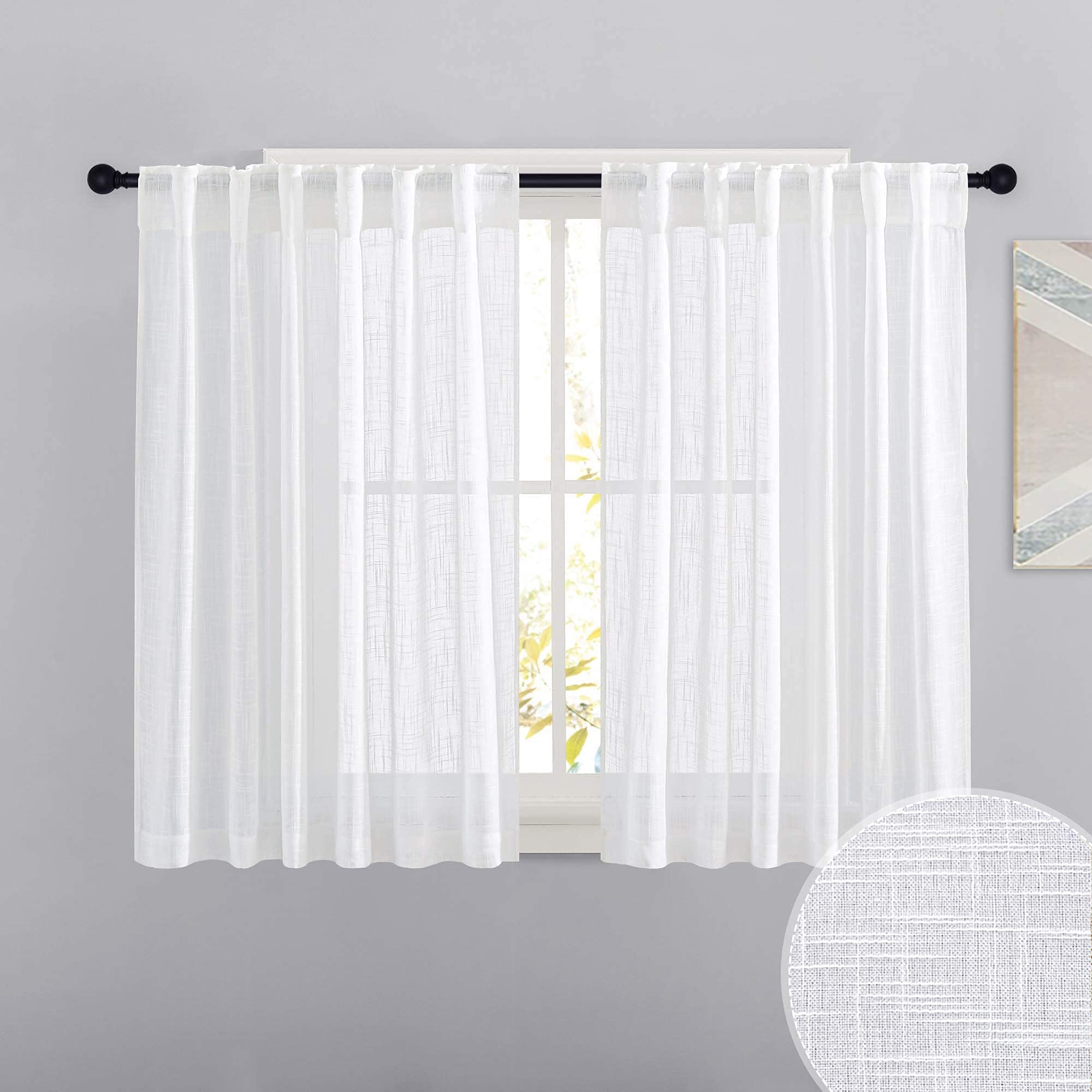 RYB HOME White Linen Textured Semi Sheer Curtains - 52