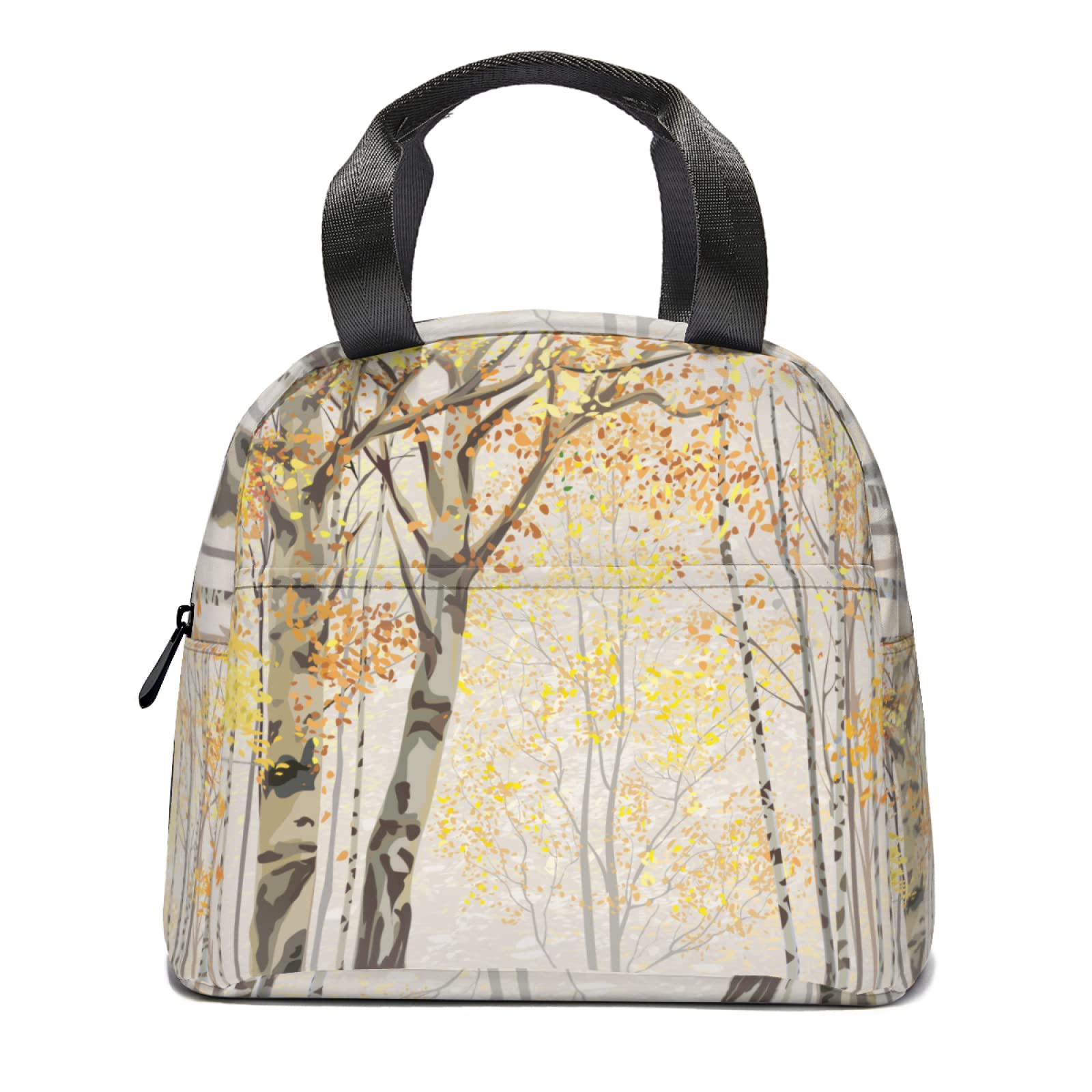 Eco-Friendly Insulated Lunch Tote Bag with Front Pocket - Birch Trees Autumn Design for Women & Men - Reusable Thermal Lunch Box for School, Office, Picnic & Outdoor Activities