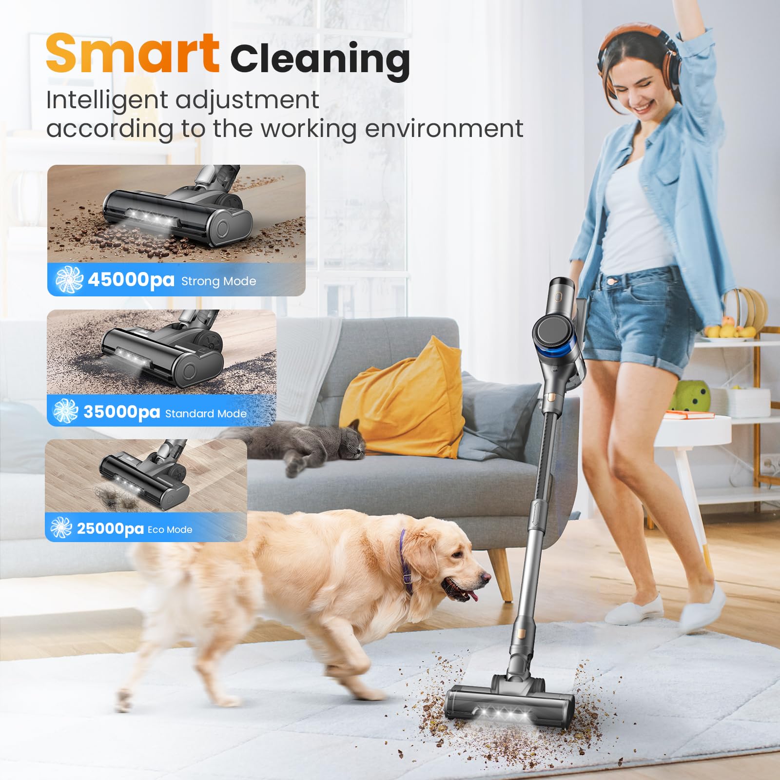 400W Cordless Vacuum Cleaner - 45Kpa Suction, 55min Runtime for Home & Carpet - LED Display