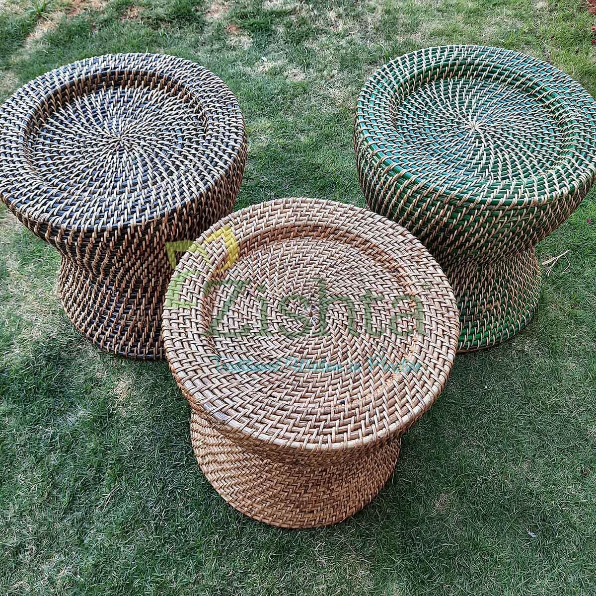 Handmade Assam Cane Mudda Morah Stool - Curved Traditional Seating Stool - Natural Rattan Furniture for Living Room, Bedroom & Outdoor Use