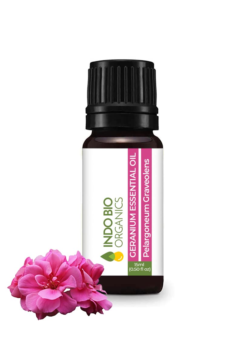 INDO BIO ORGANICS Geranium Essential Oil - 100% Pure Cranesbill Oil for Long, Healthy Hair & Nourished Skin | Aromatherapy Oil for Anxiety Relief, Depression & Stress | Massage & Relaxation Essential Oil (15ml) | Perfect for Diffusers, Skincare & Spa Treatments