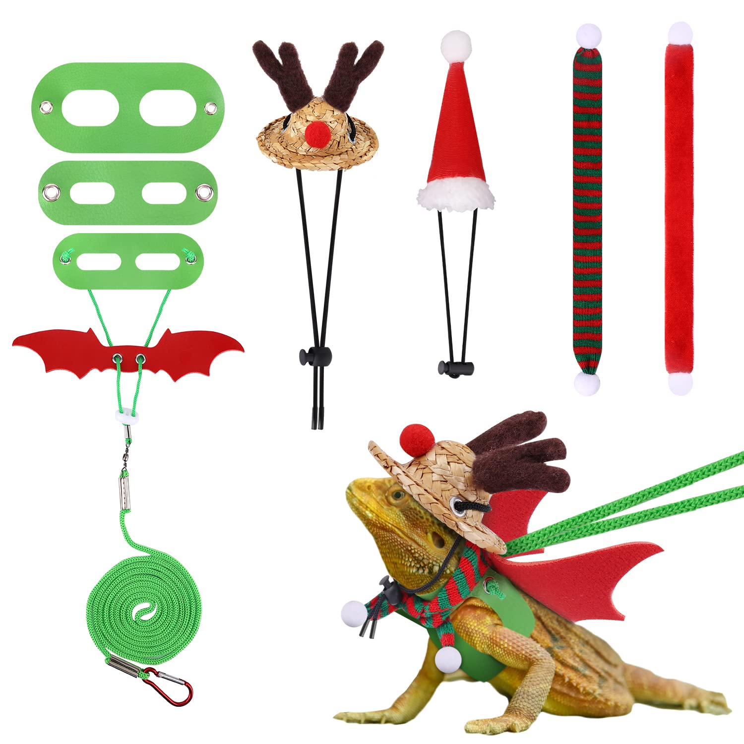 Bearded Dragon Christmas Costume Set - Santa Hat, Scarf & Leash for Reptile Holiday Cosplay (Green & Red) - Perfect for Festive Pet Photos