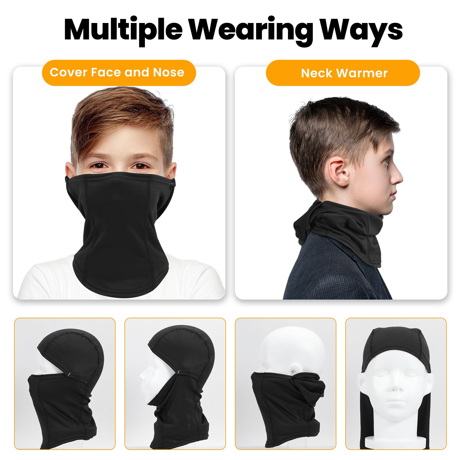 Kids Balaclava Ski Mask Scarf - Warm Fleece Neck Gaiter & Full Face Cover for Cold Weather - Winter Sports Accessories for Boys & Girls (Black) - Perfect for Skiing, Snowboarding & Outdoor Winter Activities
