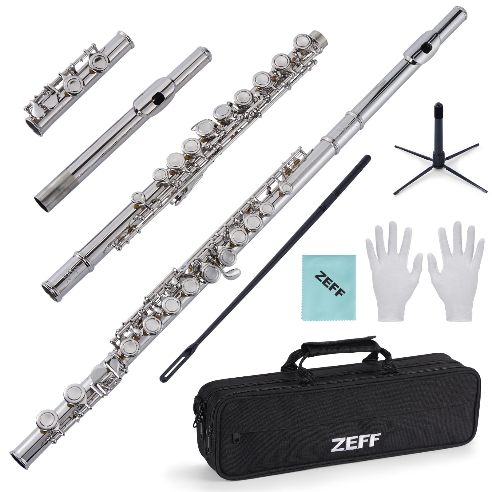 ZEFF Closed Hole C Flute - 16 Key Nickel-Plated Beginner Flute for Kids & Students with Case, Stand, Cleaning Kit, Gloves & Tuning Rod | Perfect for School Bands, Music Lessons & Home Practice