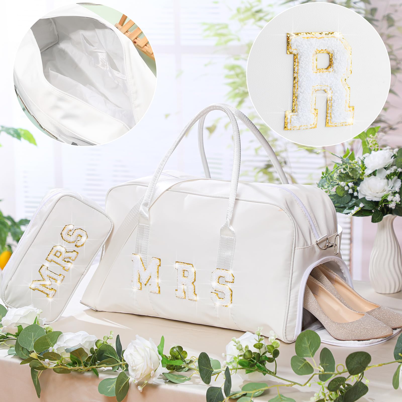 2 Pcs Wedding Weekender Bag for Bride & Groom - Personalized Chenille Letter Patch Duffle Travel Bag - Perfect for Bridal Shower, Honeymoon, Bachelorette Party & Romantic Getaways (MRS)