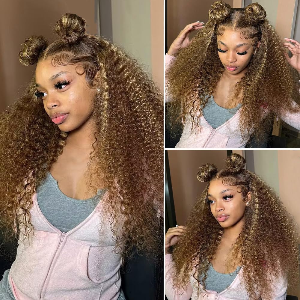 CYNOSURE Ombre Highlight Lace Front Wigs 180% Density Human Hair - Honey Blonde Curly 13x5 Lace Frontal Wig with Pre-Plucked Hairline (20 Inch) for Daily Wear, Parties & Special Occasions