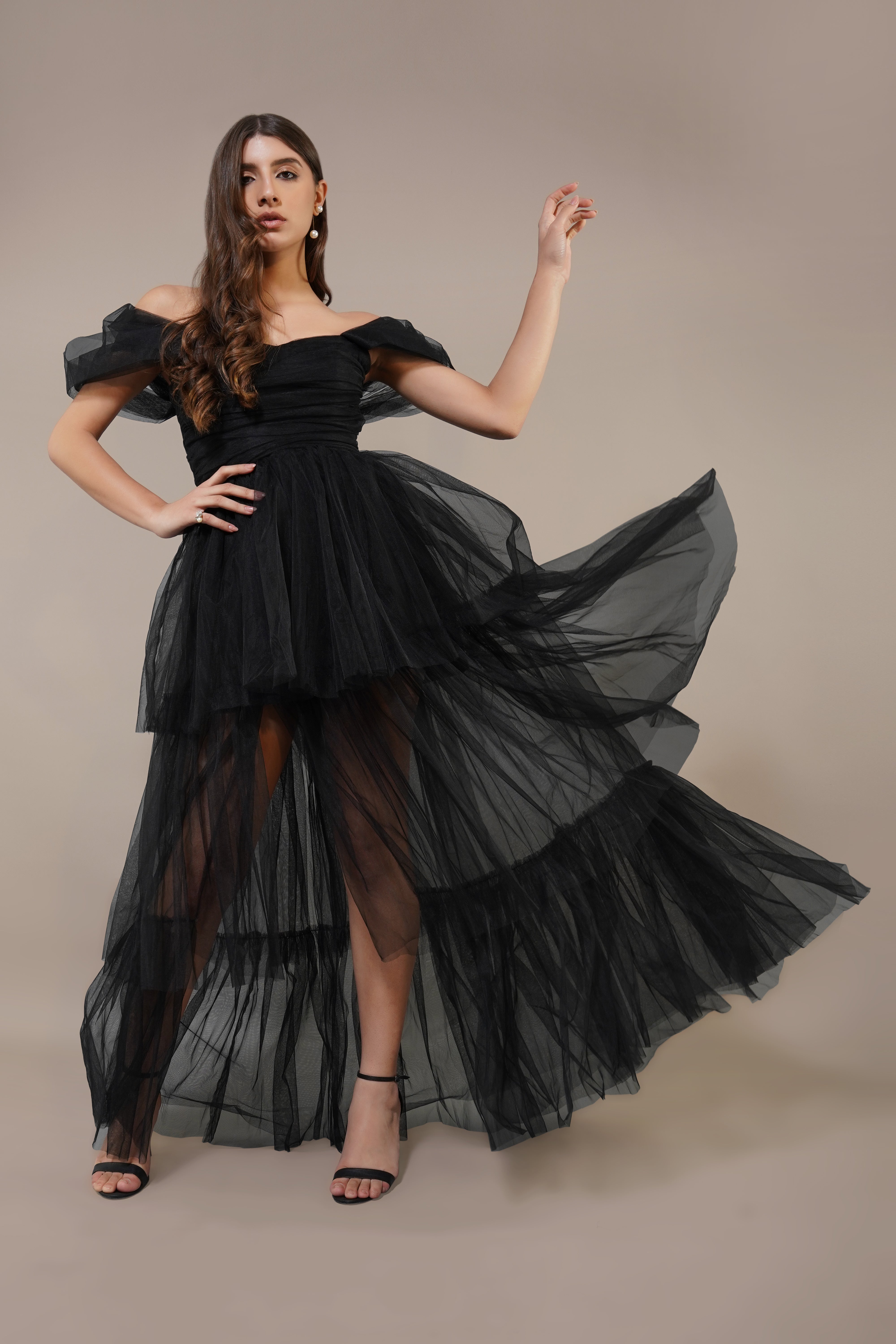 Elegant Black Off Shoulder Tulle Maxi Dress for Women - Perfect for Weddings, Parties & Special Occasions