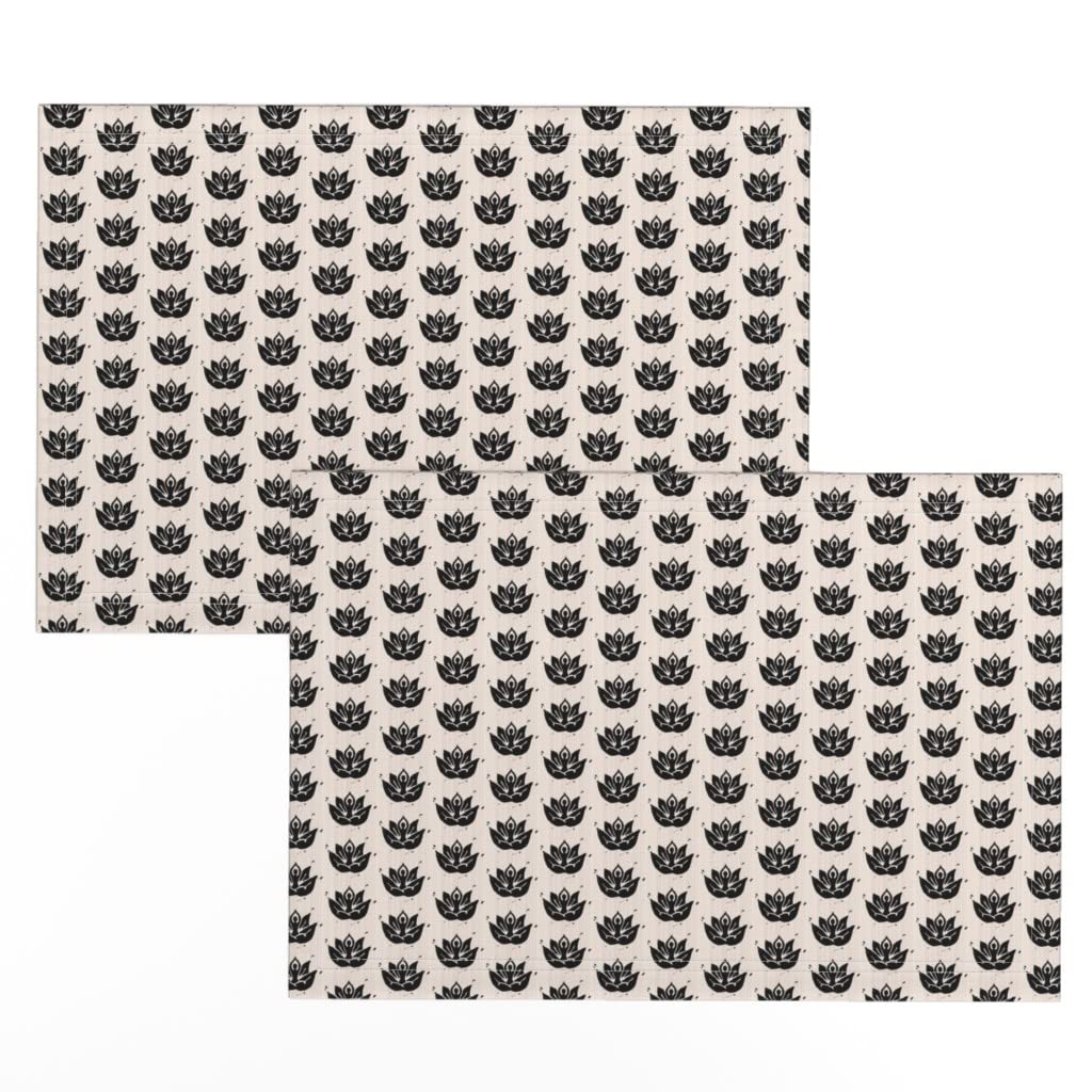 Premium Linen Cotton Canvas Placemats Set of 2 - Modern Lotus Beige & Black Floral Print Table Mats for Dining, Kitchen Decor, and Party Table Setting