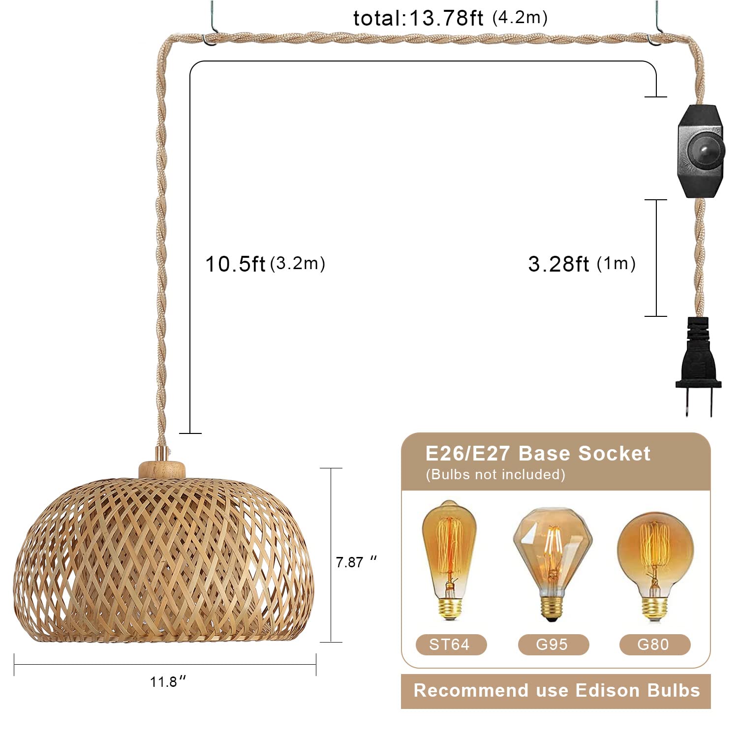 Handmade Bamboo Plug-in Pendant Light with 14ft Woven Cord - Dimmable Hanging Lamp for Farmhouse, Bedroom & Kitchen Island Decor | Perfect for Rustic Living Room, Dining Area and Cozy Reading Nook Lighting