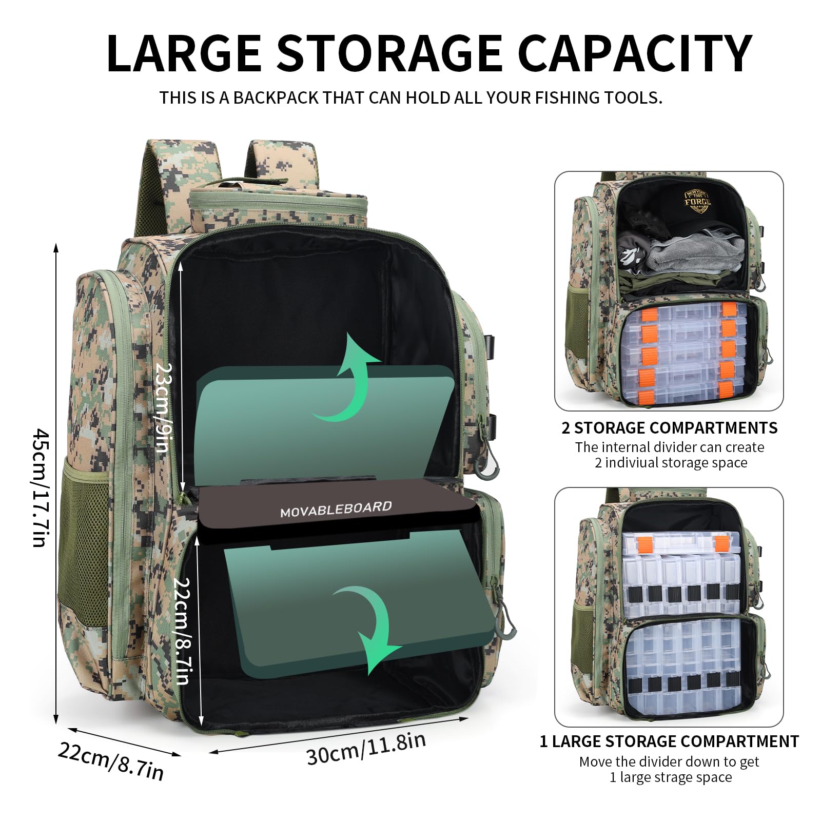 42L Waterproof Fishing Backpack with Rod Holders - Tackle Box Organizer & Storage for Fishing Gear - Perfect for Bass, Trout & Saltwater Fishing Trips
