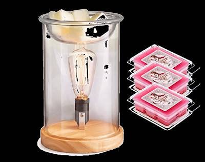 Wooden & Glass Fragrance Warmer with 3 Baby Powder Scented Wax Melts - Aromatherapy Home Decor Gift Set for Bedroom, Bathroom & Living Room