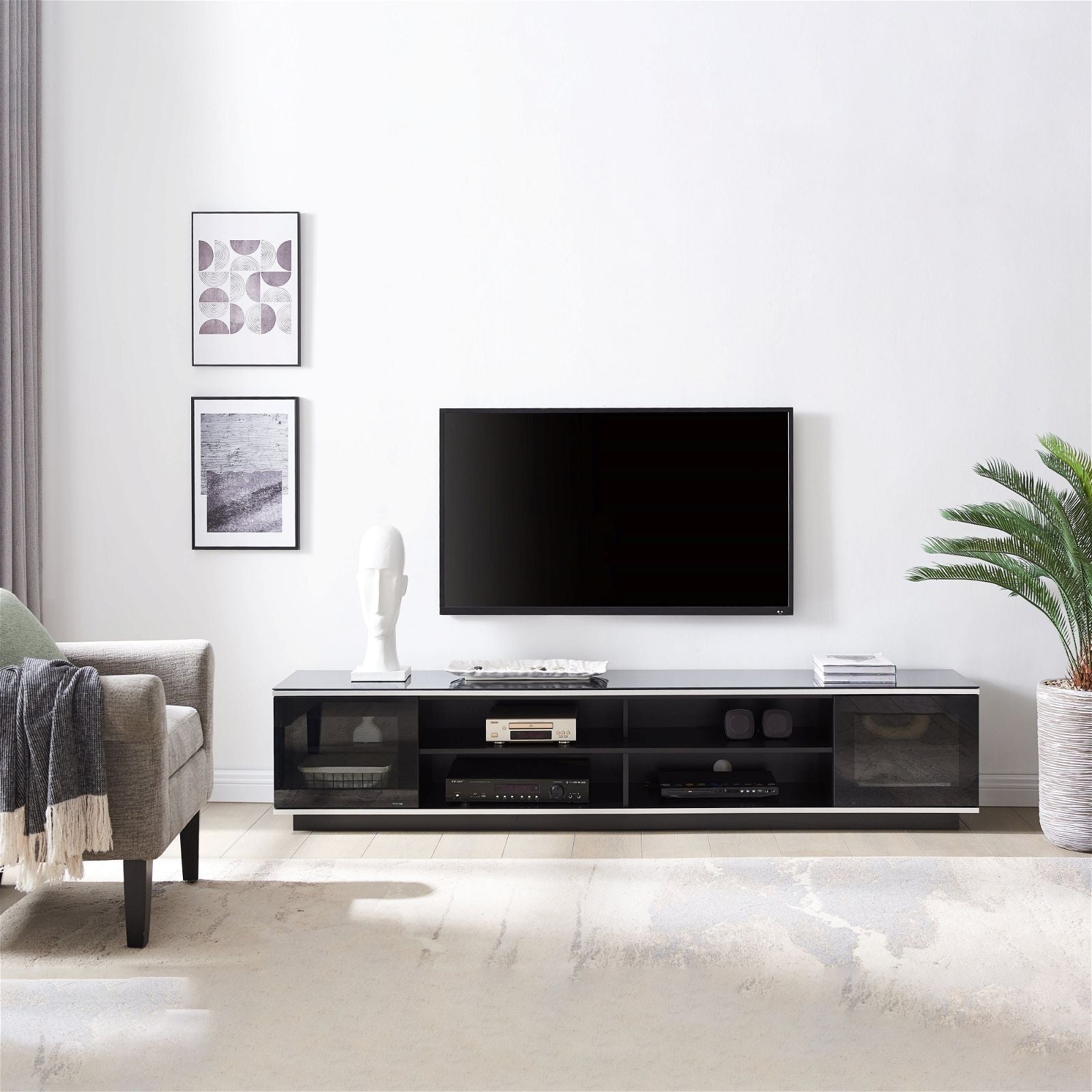 Tauris Diablo 210cm Black TV Stand with Tempered Glass - Modern Entertainment Center for Living Room, Home Theater & Gaming Setup