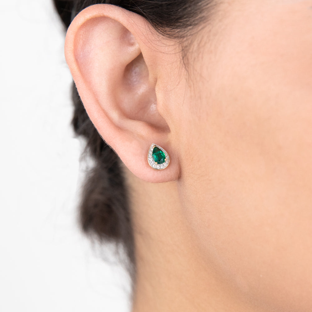 9ct Yellow Gold 6x4mm Lab-Created Emerald and Diamond Pear Halo Stud Earrings for Women - Elegant Gift for Birthday, Anniversary & Special Occasions