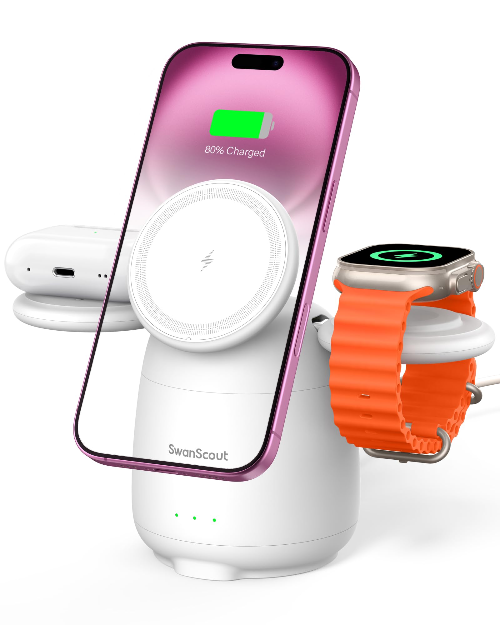 SwanScout 3-in-1 Magnetic Wireless Charging Station for iPhone 16/15/14/13/12 Series, Apple Watch & AirPods - Fast MagSafe Charger with Elegant Swan Design - Perfect for Bedside, Office Desk & Travel Accessories (Model 707M)