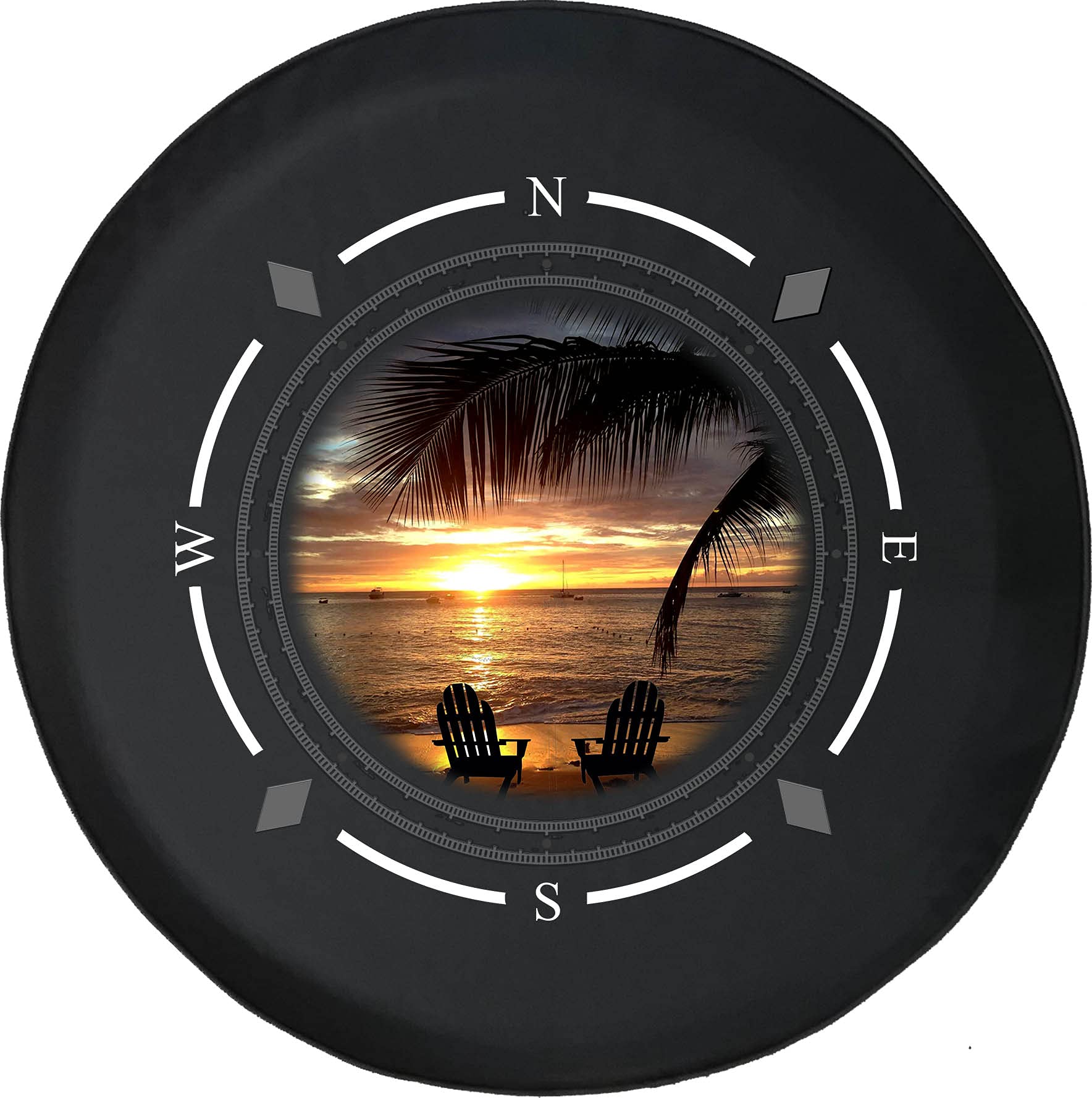 Premium American Spare Tire Cover with Compass & Tropical Island Sunset Design - Universal Fit for SUV, Trailer, RV & Most Vehicles - Durable Wheel Protection for Outdoor Adventures & Road Trips