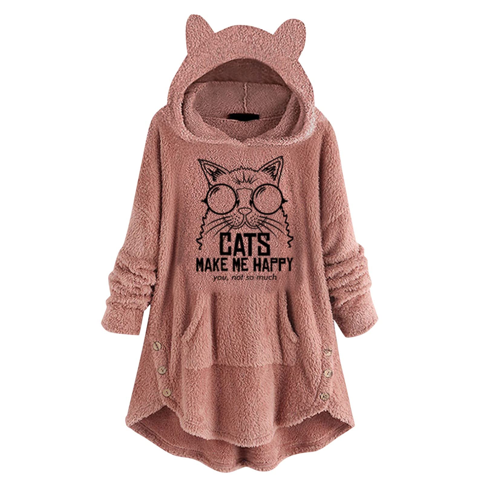 Women's Fleece Pullover Hoodie with Graphic Cat Ear Design - Cute & Cozy Long Sleeve Hooded Sweatshirt for Petite Sizes | Perfect for Casual Wear, Lounge, Outdoor Activities & Cat Lovers